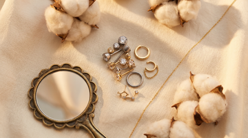 Mixed-metal ear curation flat-lay — G23 titanium and 14k gold piercing jewelry styled with brass mirror and cotton flowers on raw silk, SSZ Piercing