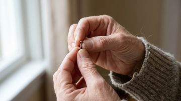 Hands holding a tiny implant-grade titanium internally threaded flat-back labret stud in soft natural light