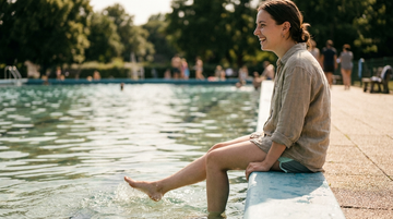 Young woman sitting at the edge of a swimming pool with her feet in the water on a summer day