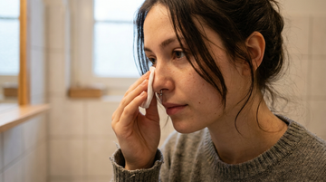 Young woman gently cleaning her healed septum piercing with a saline-soaked cotton pad