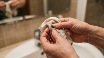 Hands cleaning a small piece of titanium piercing jewelry with a soft cloth to remove odor-causing buildup