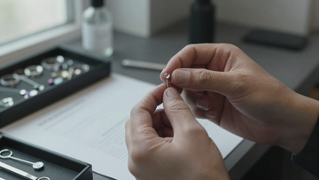 Piercer's gloved hands inspecting a polished titanium labret stud in a professional piercing studio