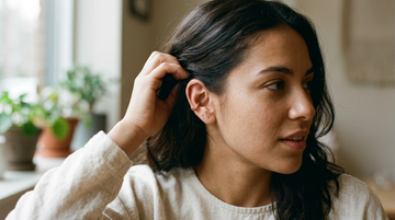 Hidden helix piercing revealed as hair is swept back — a small gold hoop tucked into the upper ear's curl