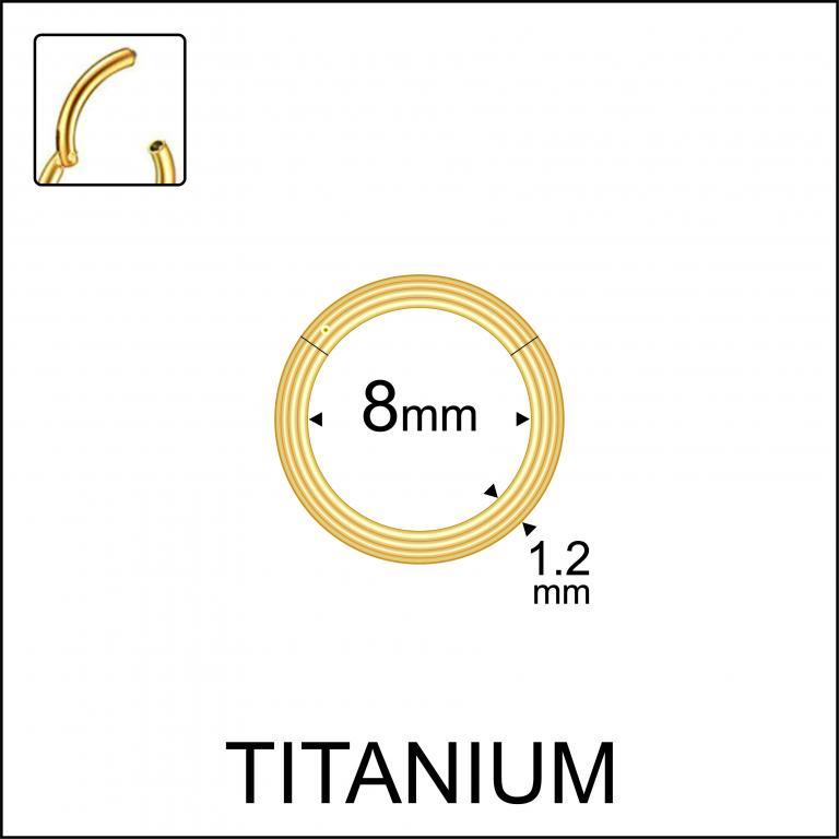 Measurement layout showcasing an 8mm gold titanium hinged cartilage clicker hoop.