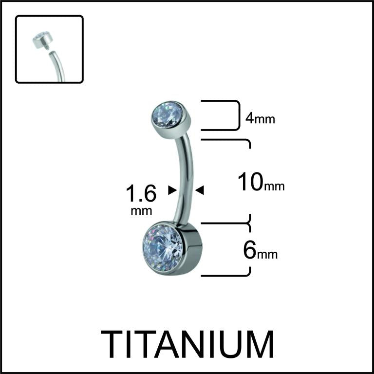 Double Crystal double gem belly button ring size chart — 10 mm bar, printed measurements, G23 titanium 14G