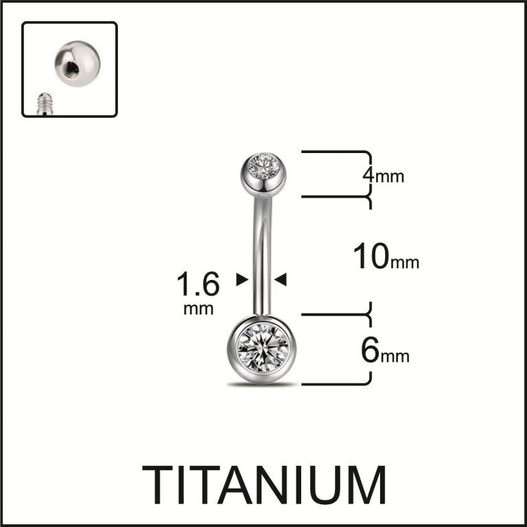 Petite Double Gem cz belly button ring size chart — 10 mm bar, printed measurements, G23 titanium 14G