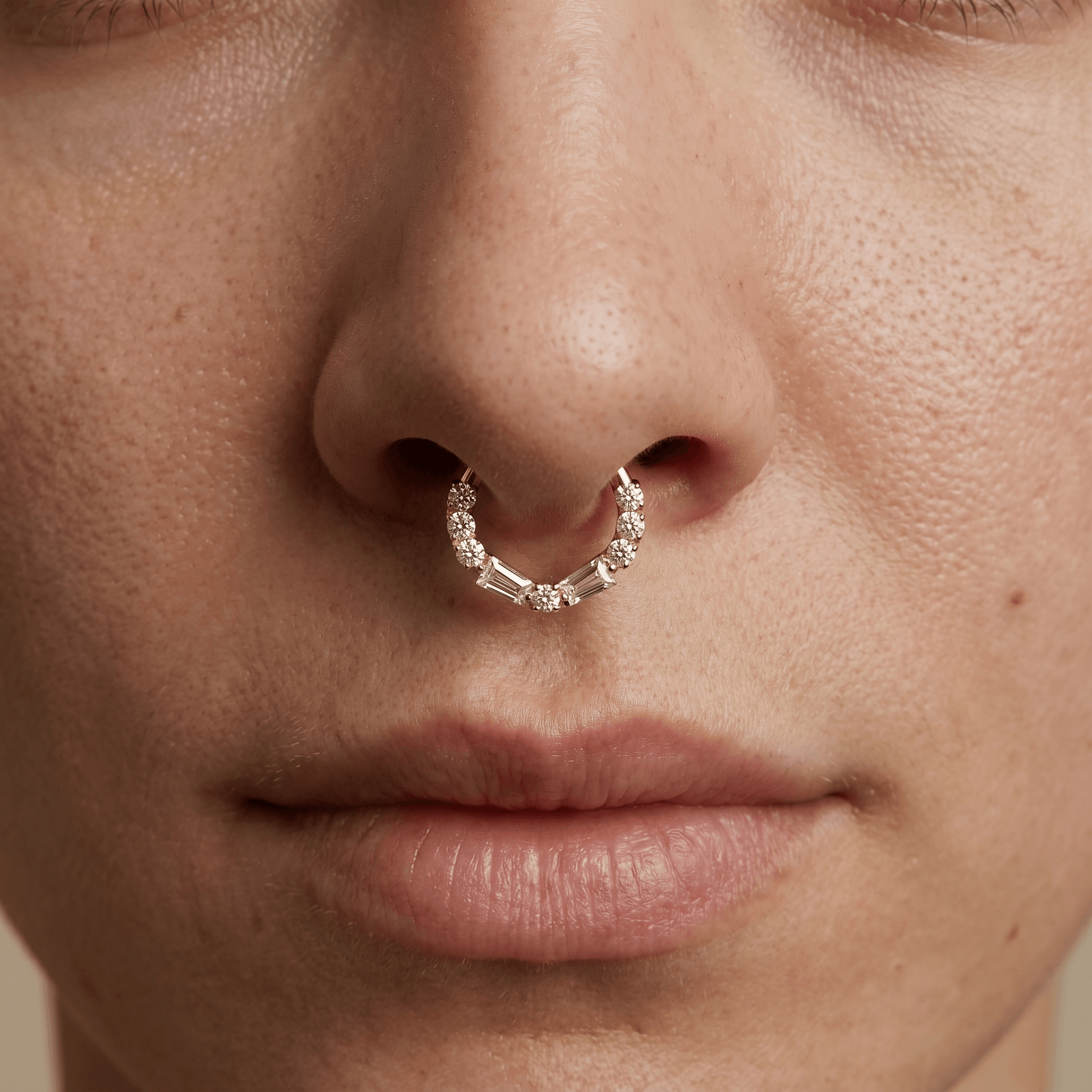 Gold baguette and round zircon hinged clicker hoop styled perfectly inside a