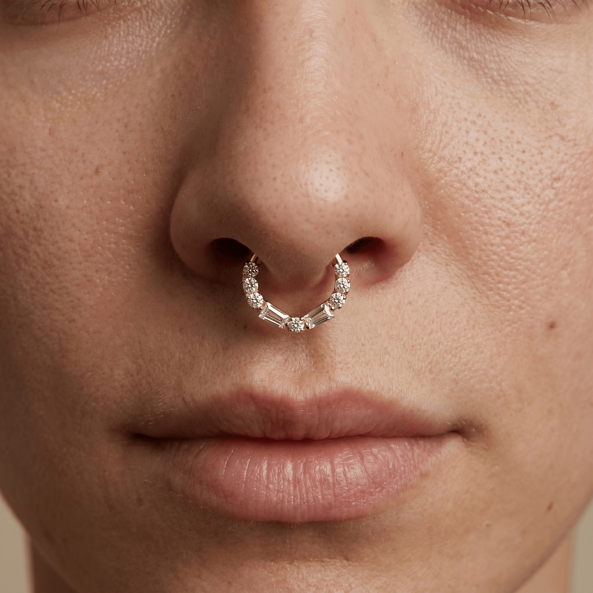Gold baguette and round zircon hinged clicker hoop styled perfectly inside a