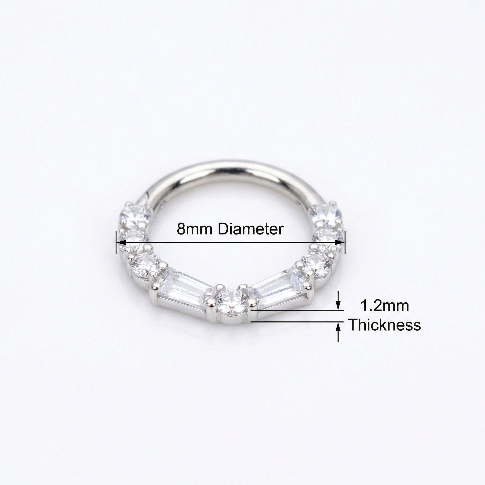 Dimensions blueprint for the 8mm silver baguette ring showing an 8mm diameter