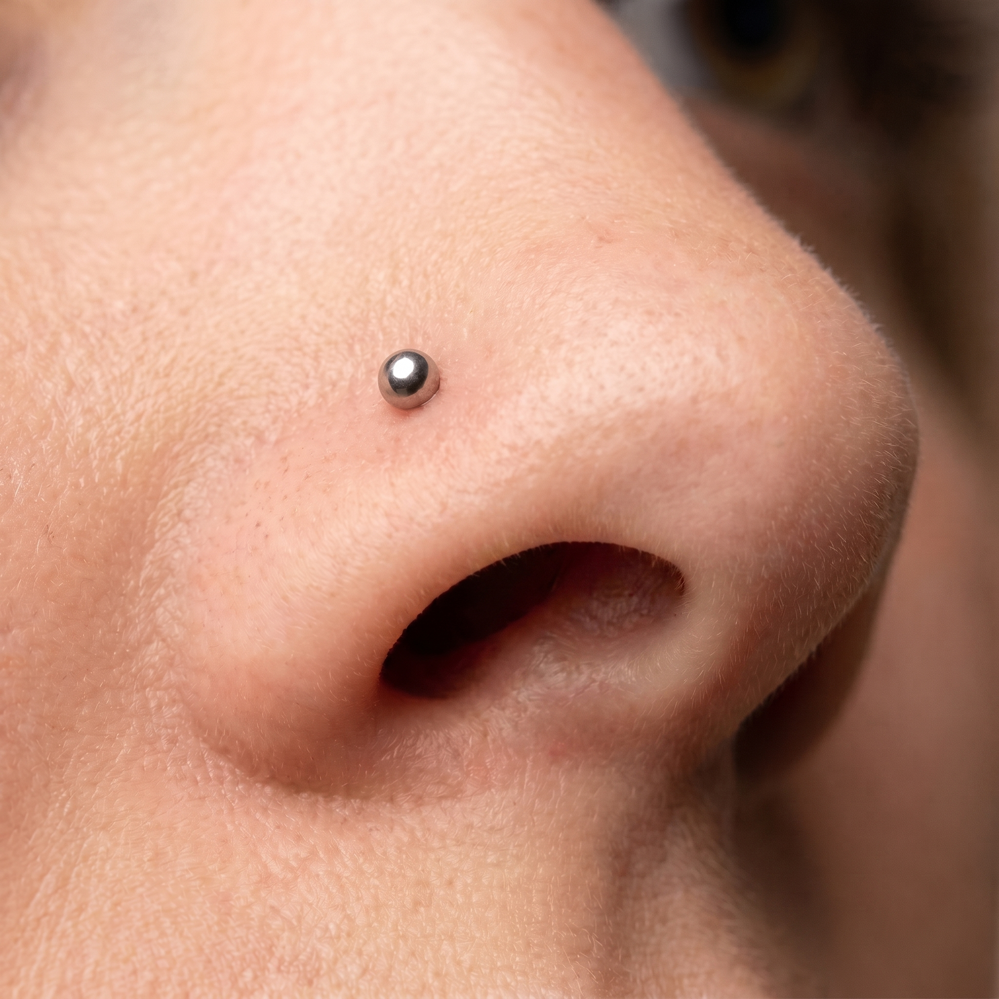 ball nose stud close-up on a model — single nostril nose jewelry