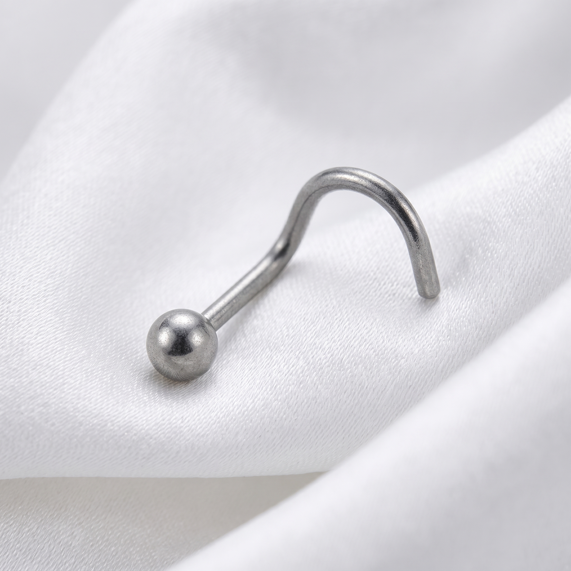 ball nose stud close-up, nickel-free 20G nose jewelry