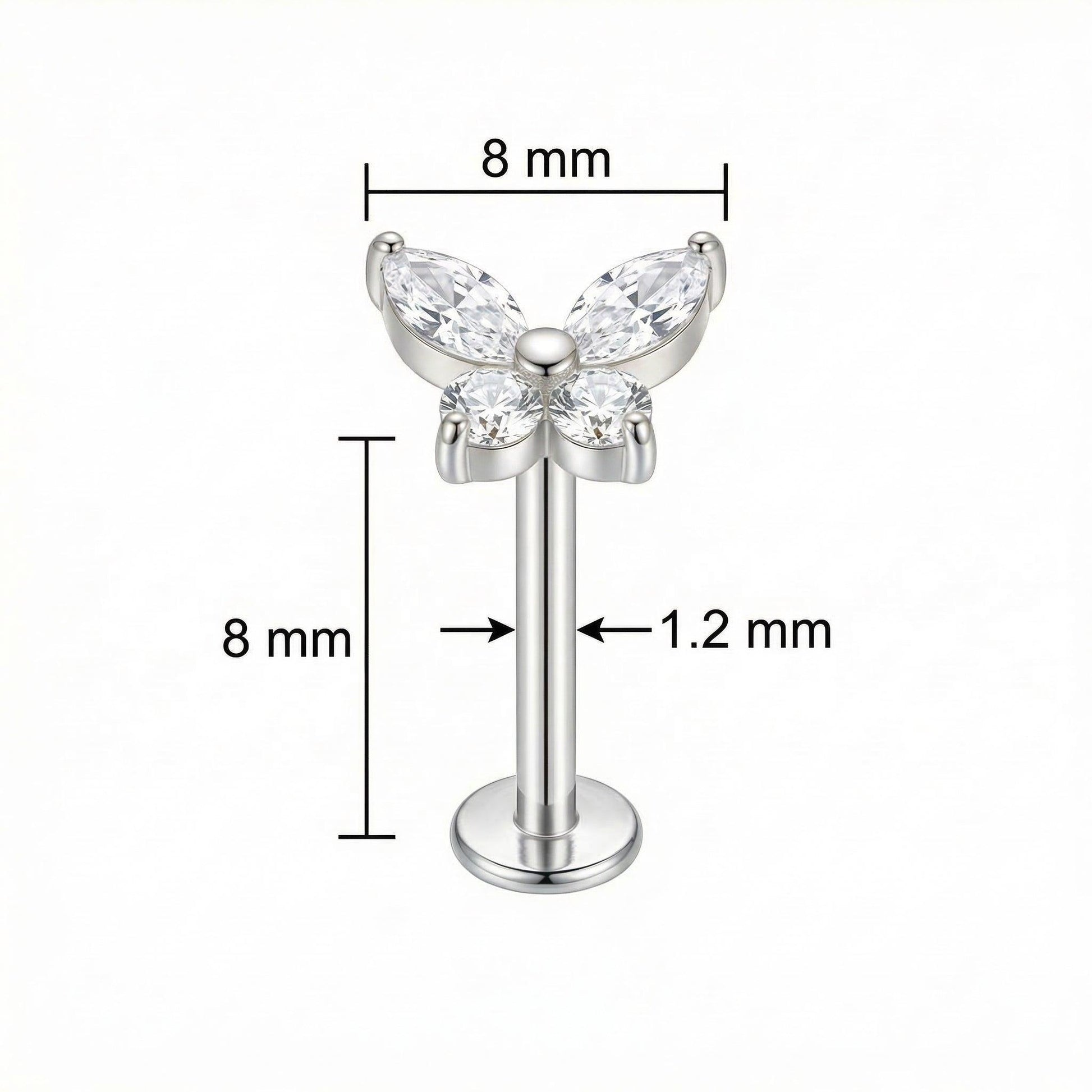 Dimensions diagram of the silver titanium butterfly piercing stud showing 8mm length