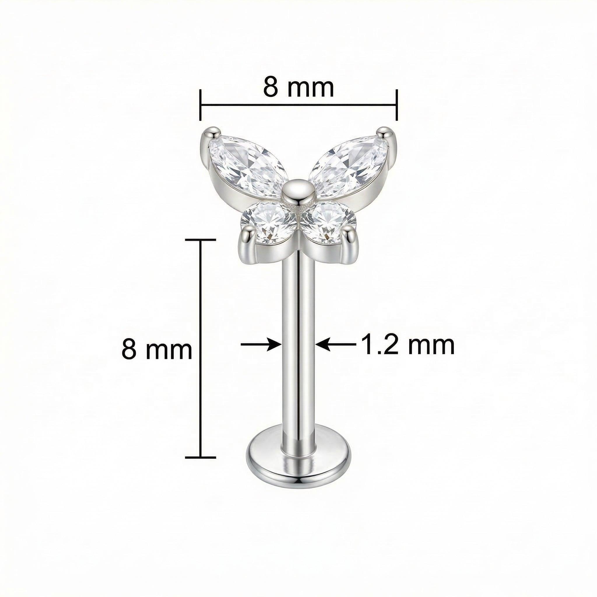 Dimensions diagram of the silver titanium butterfly piercing stud showing 8mm length