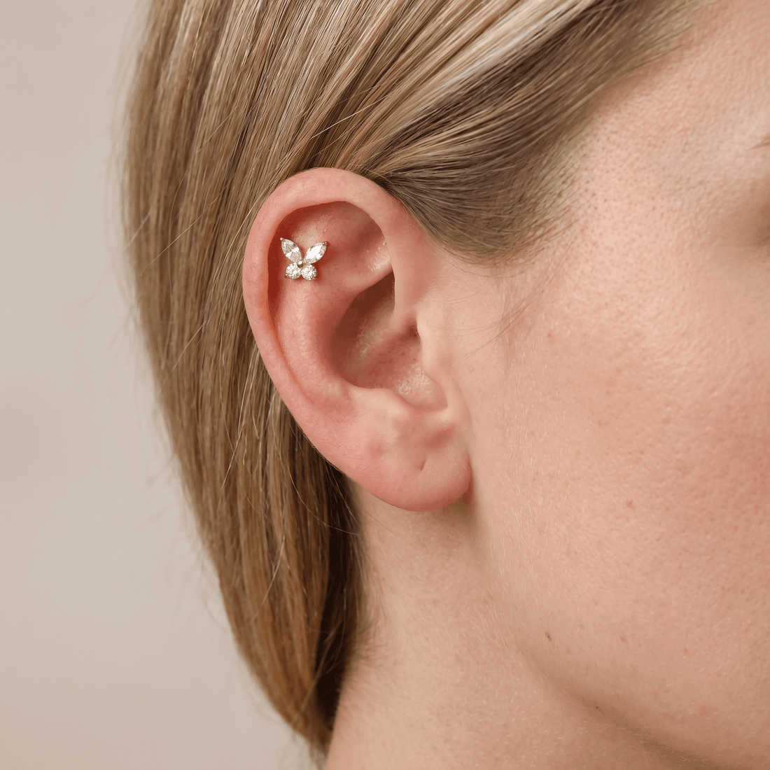 Gold cz butterfly stud — flat helix piercing placement