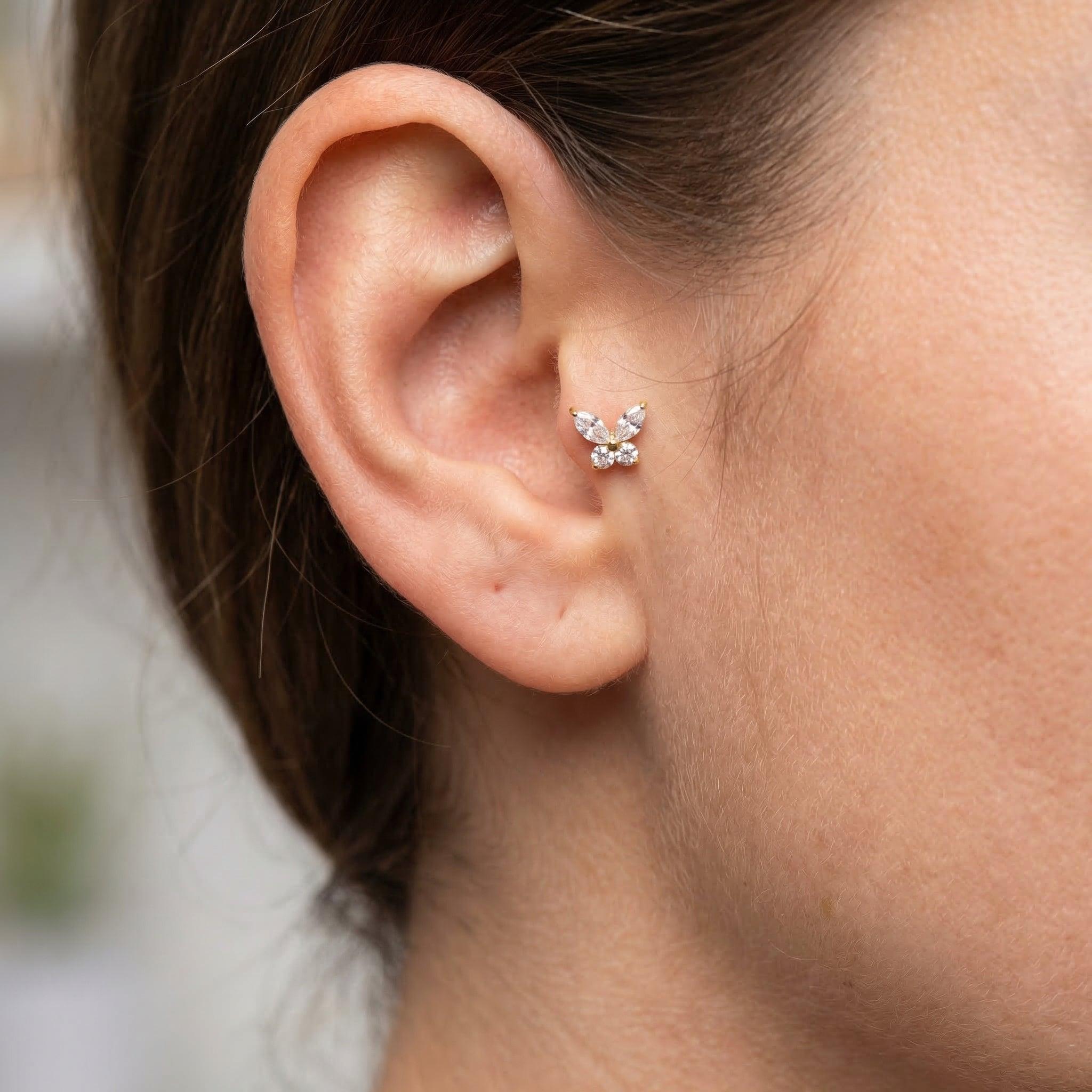 Silver cz butterfly stud — tragus jewelry placement