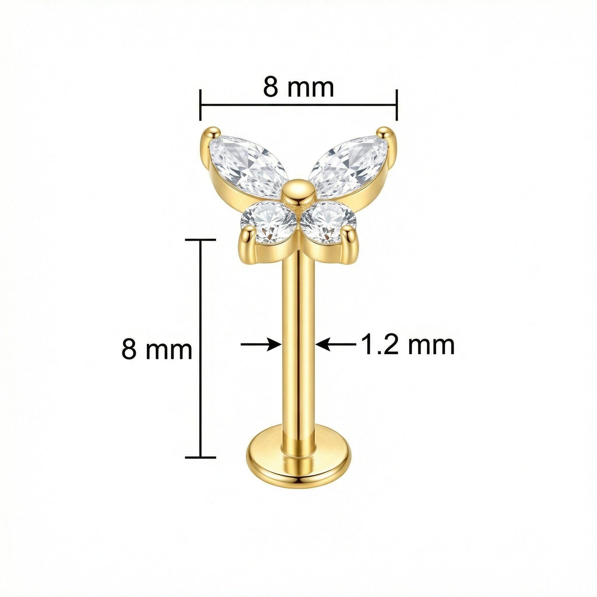 Dimensions diagram of the gold titanium butterfly piercing stud showing 8mm length