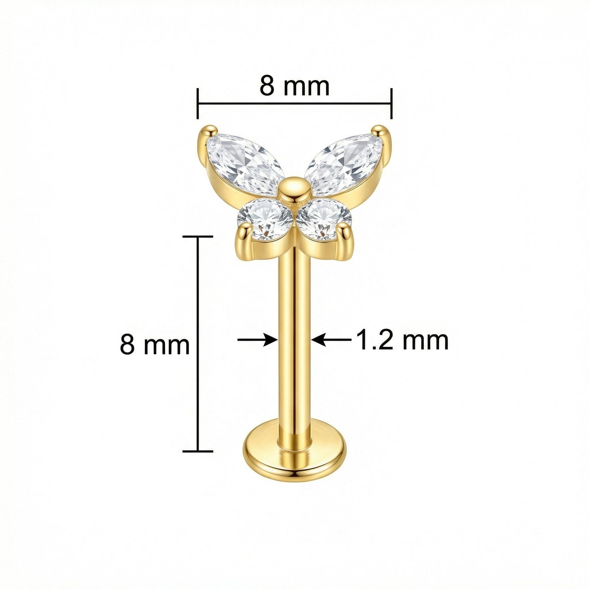 Dimensions diagram of the gold titanium butterfly piercing stud showing 8mm length