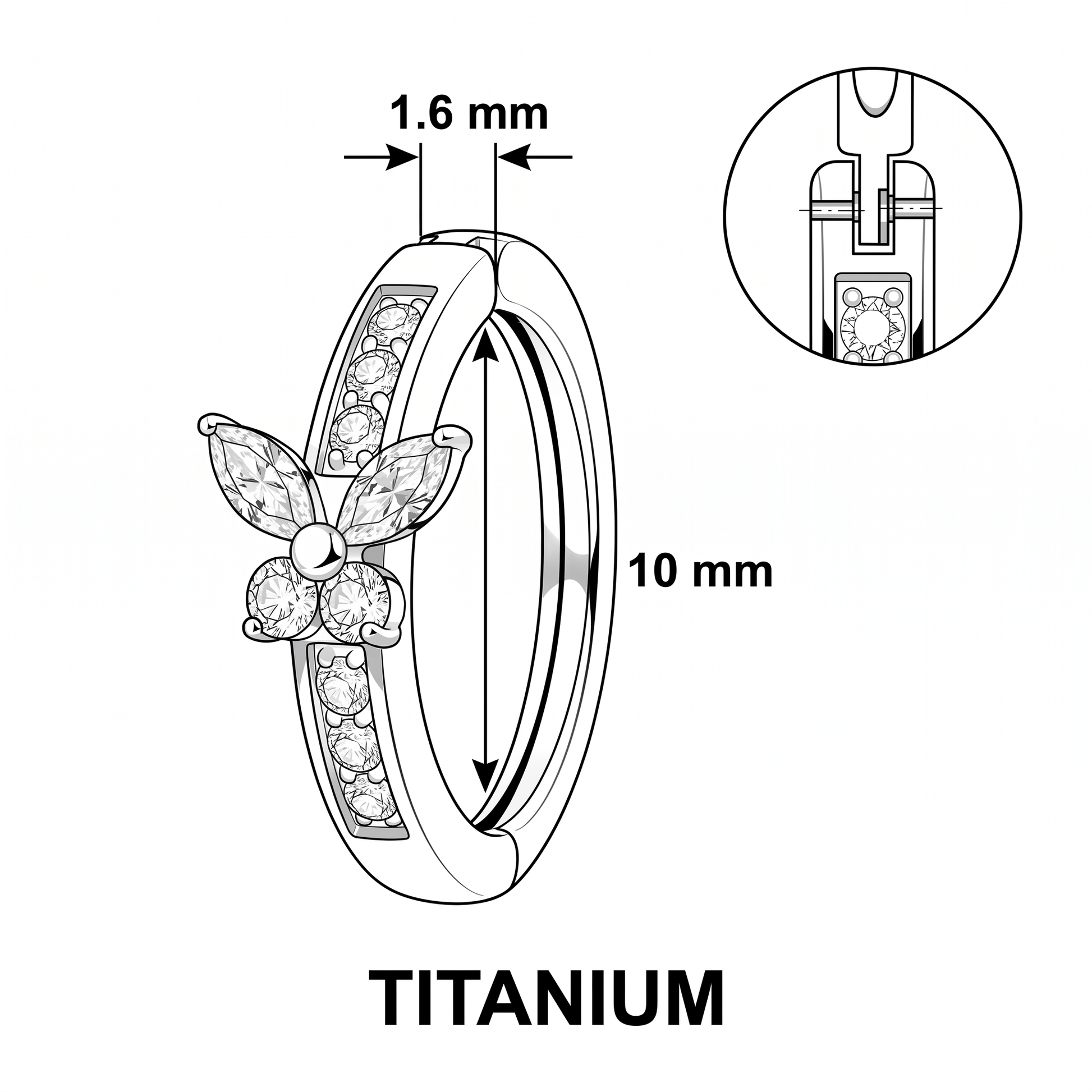 Butterfly Hoop belly button ring size chart — silver, 14G 1.6 mm titanium
