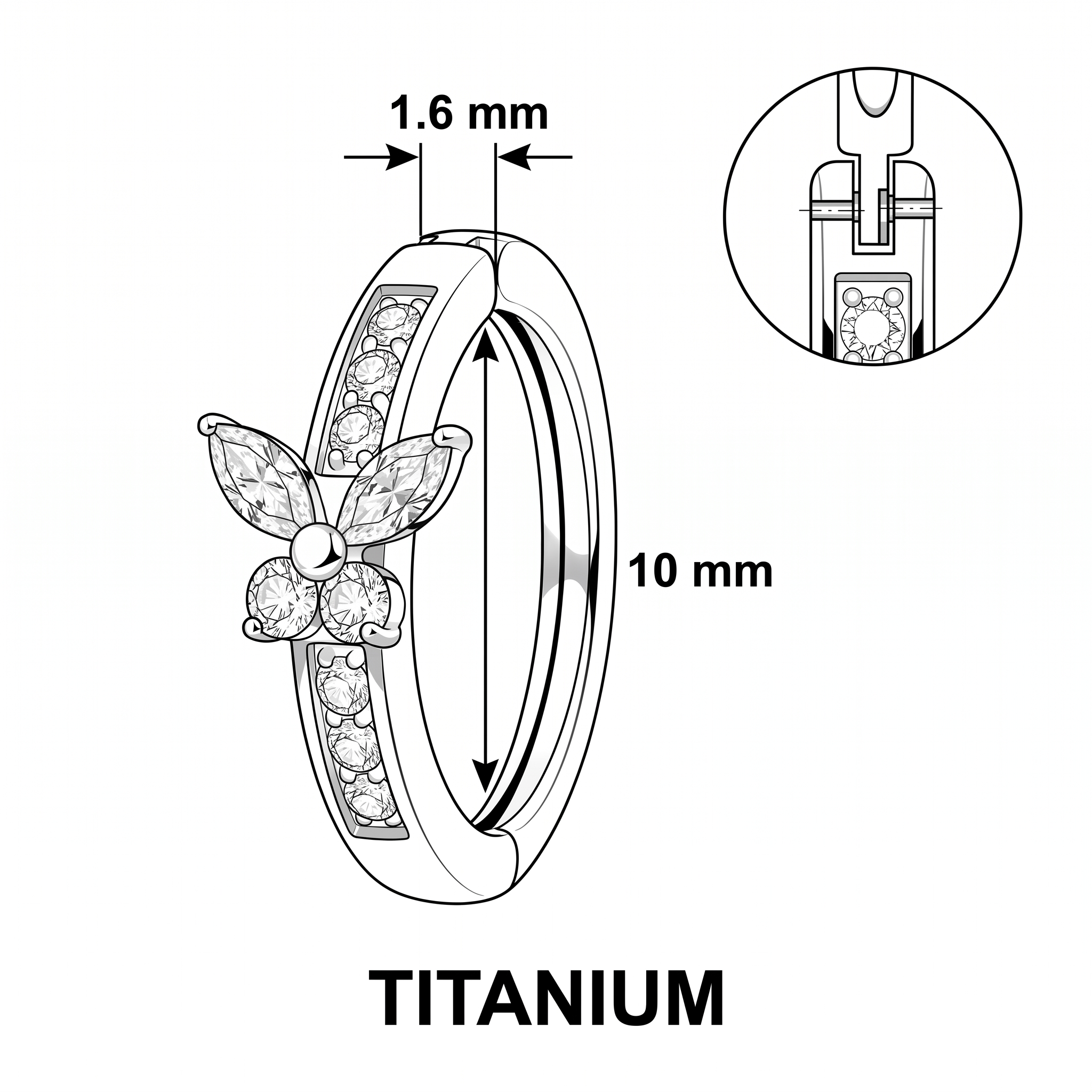 Butterfly Hoop belly button ring size chart — silver, 14G 1.6 mm titanium