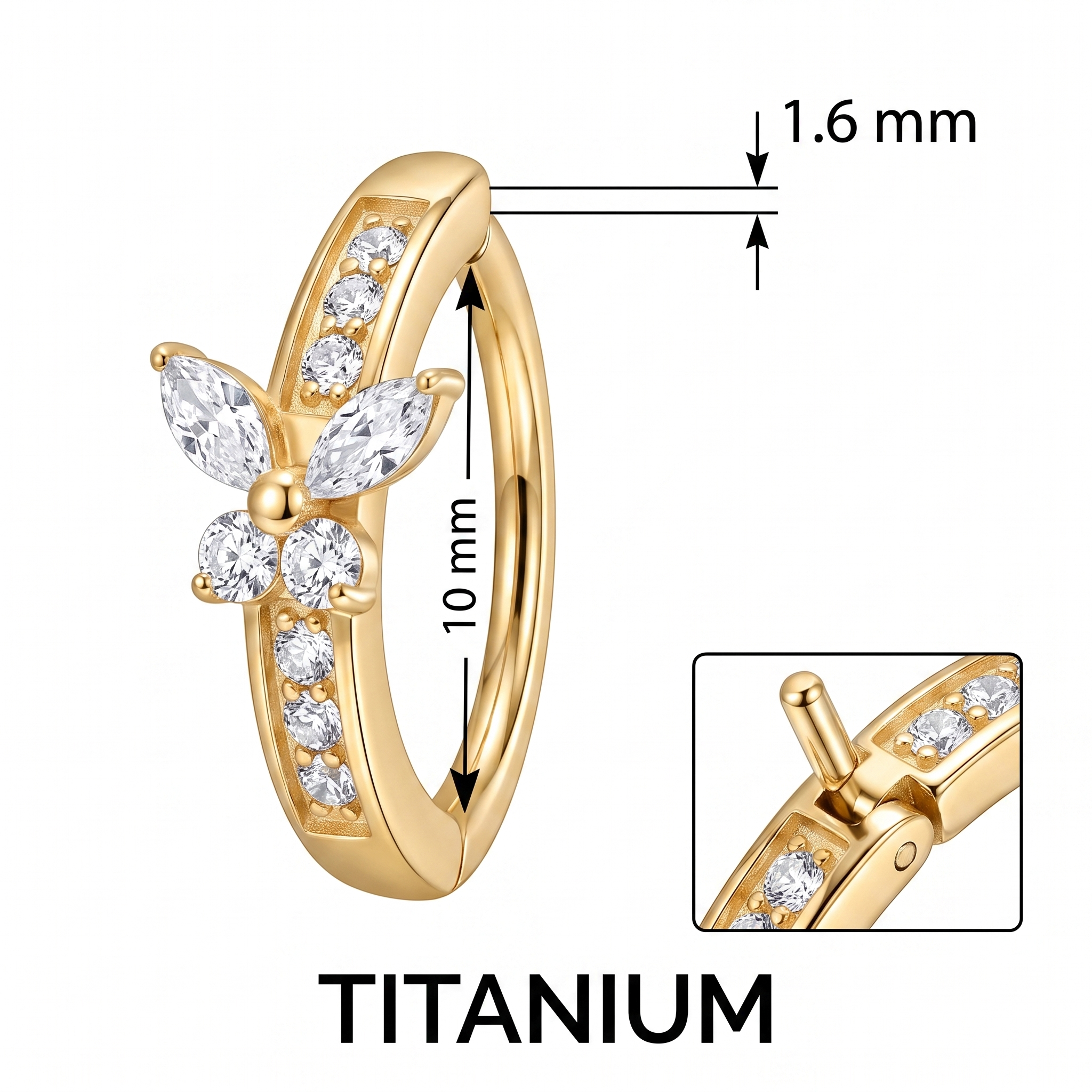 Butterfly Hoop belly button ring size chart — gold, 14G 1.6 mm titanium