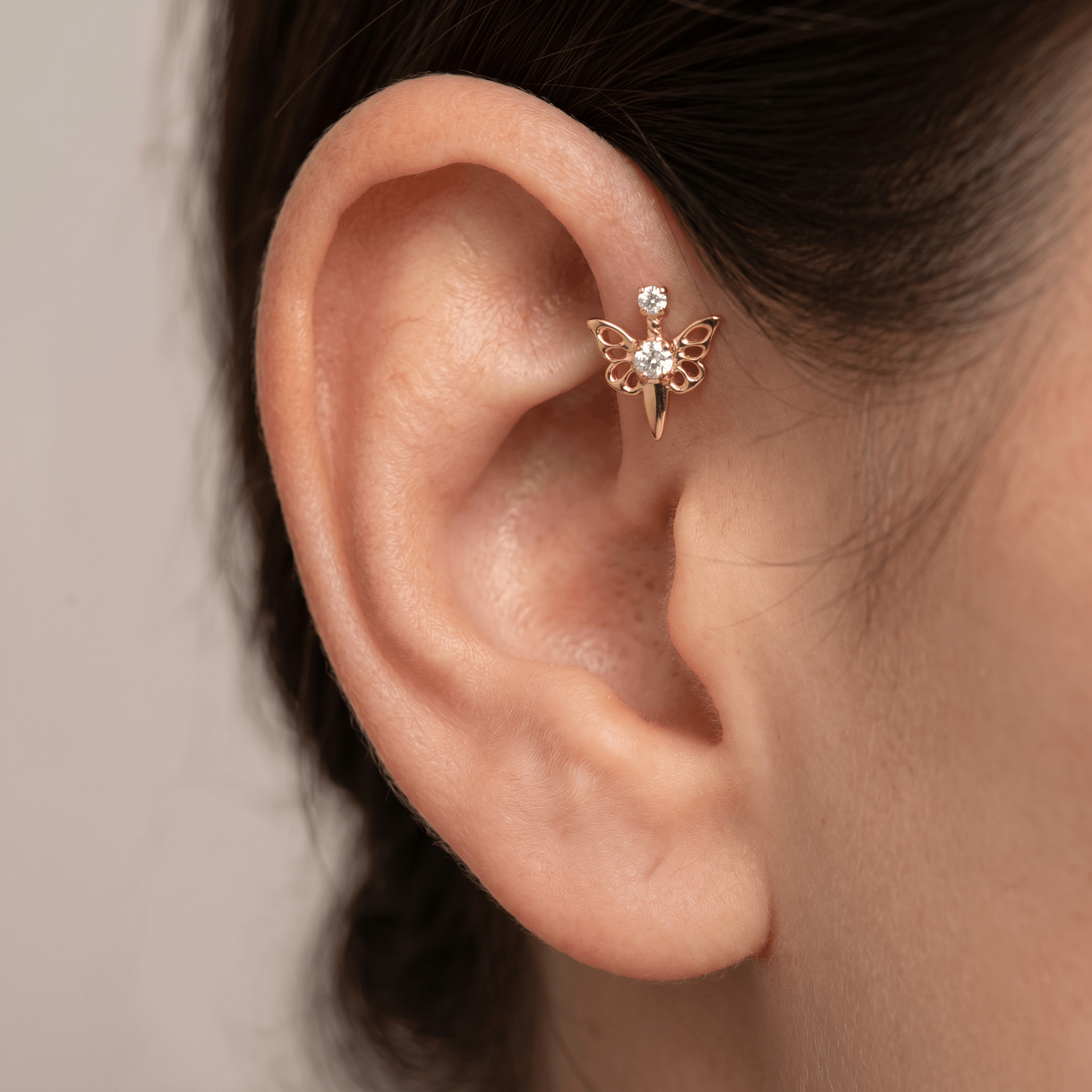 Butterfly Front Helix Piercing - Gold titanium butterfly zircon