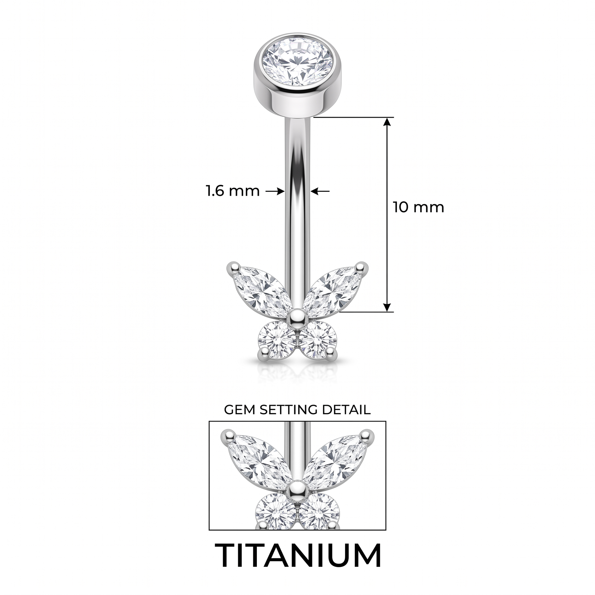 Butterfly Zircon belly button ring size chart — silver, 14G 1.6 mm titanium