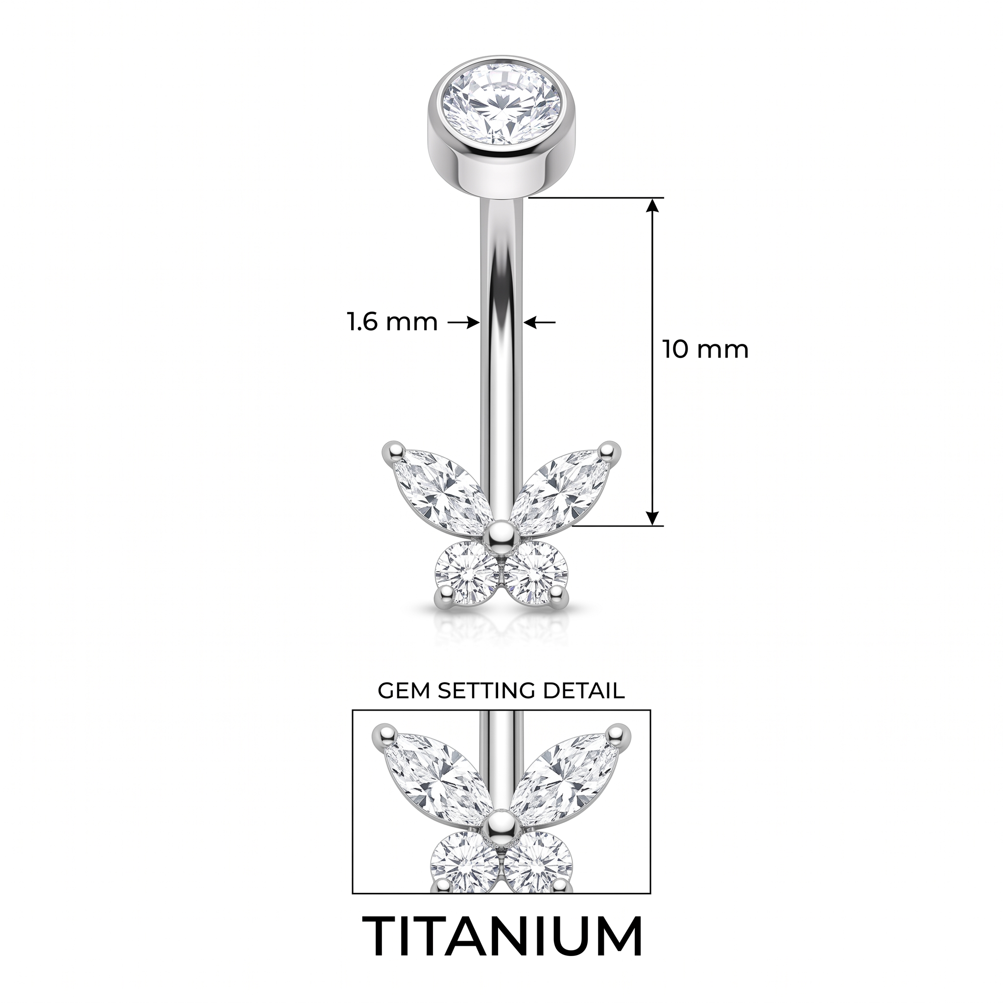 Butterfly Zircon belly button ring size chart — silver, 14G 1.6 mm titanium