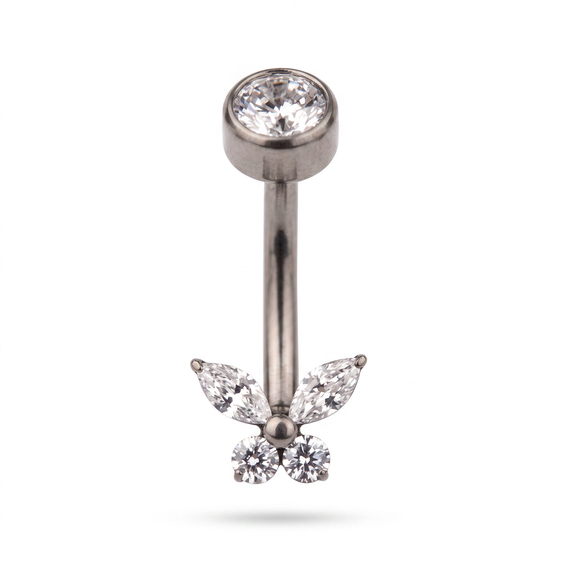 Butterfly Zircon belly button ring in silver — white background packshot, G23 titanium 14G