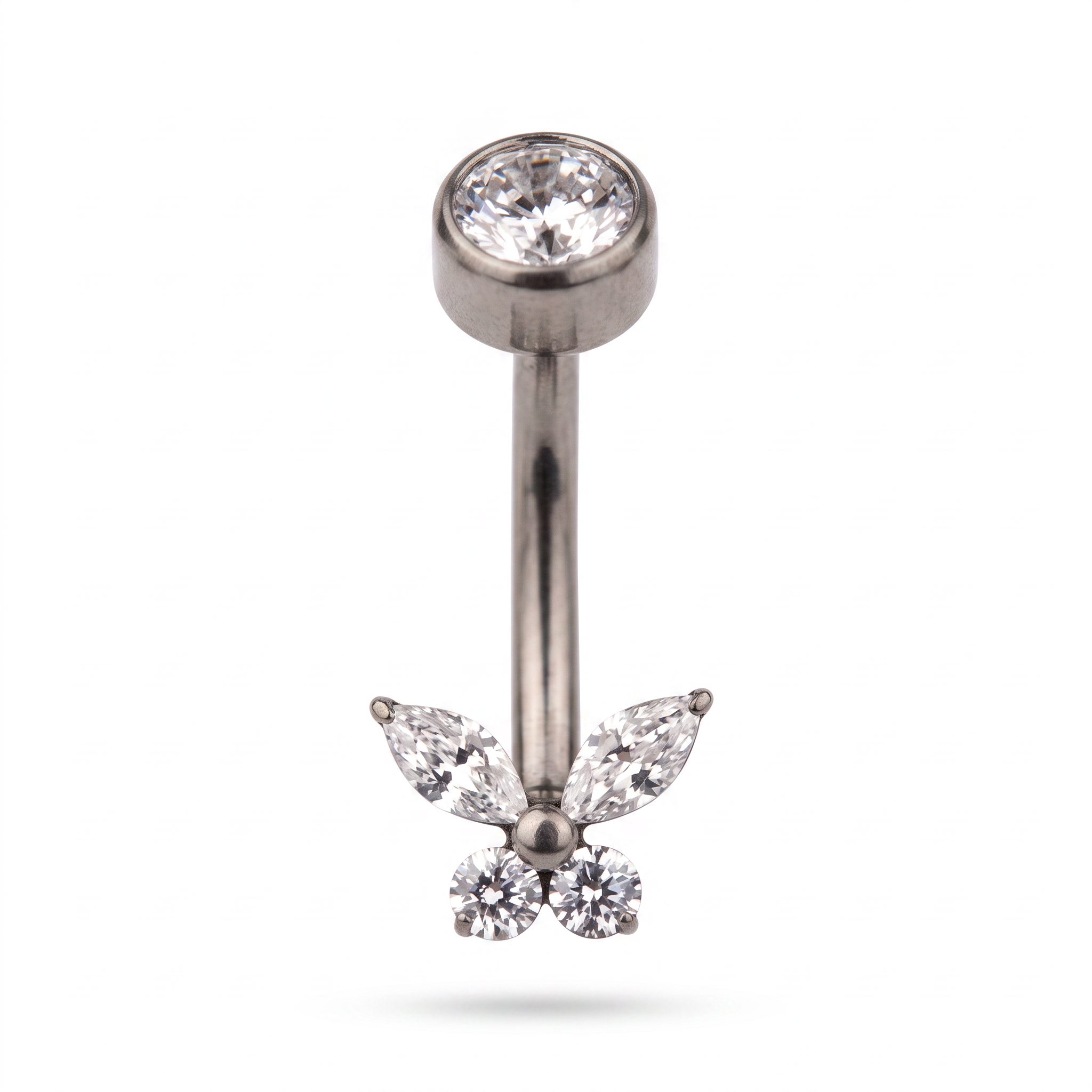 Butterfly Zircon belly button ring in silver — white background packshot, G23 titanium 14G