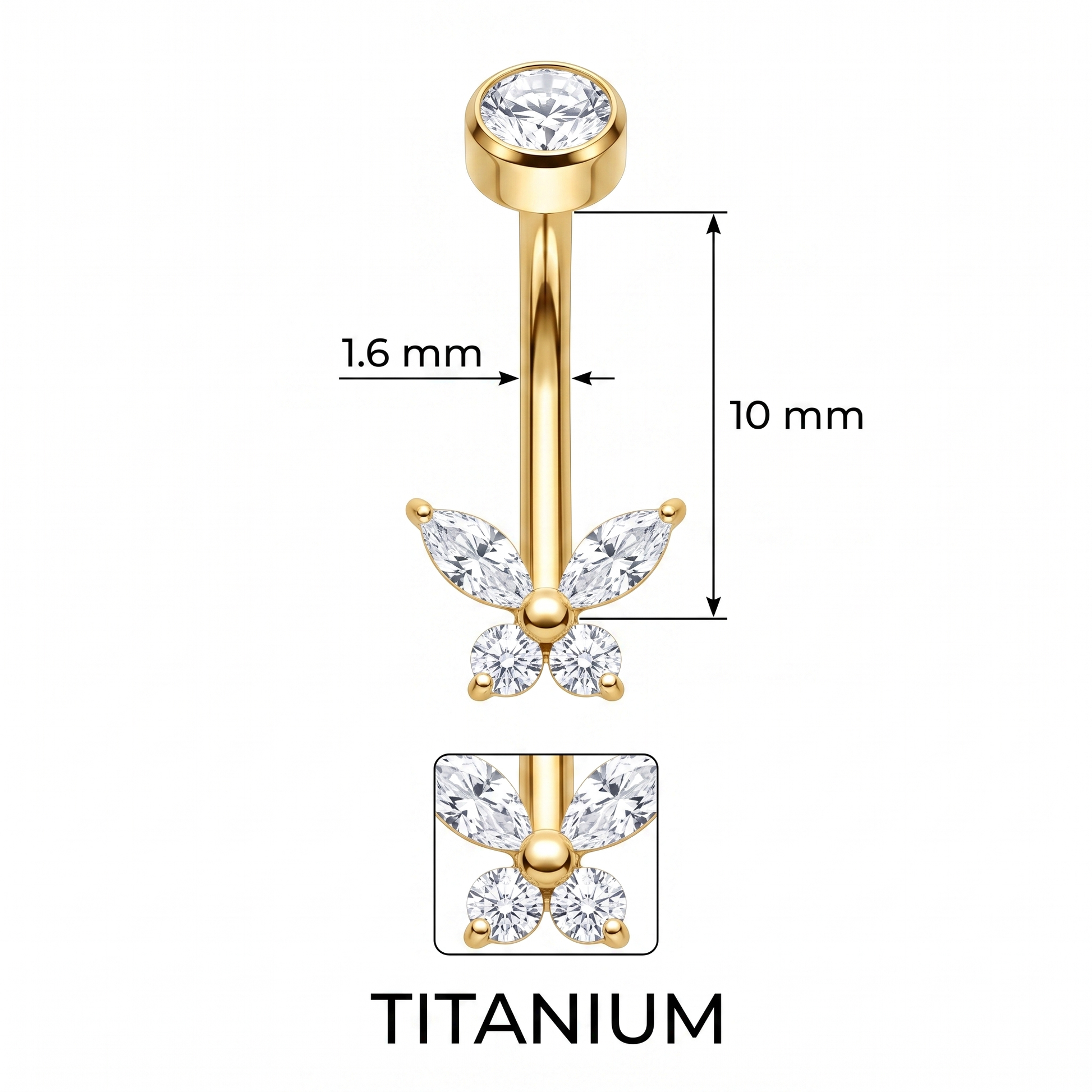 Butterfly Zircon belly button ring size chart — gold, 14G 1.6 mm titanium