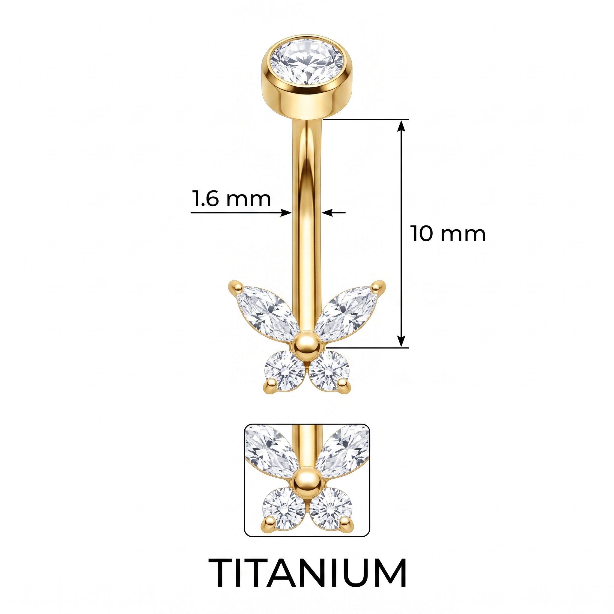 Butterfly Zircon belly button ring size chart — gold, 14G 1.6 mm titanium