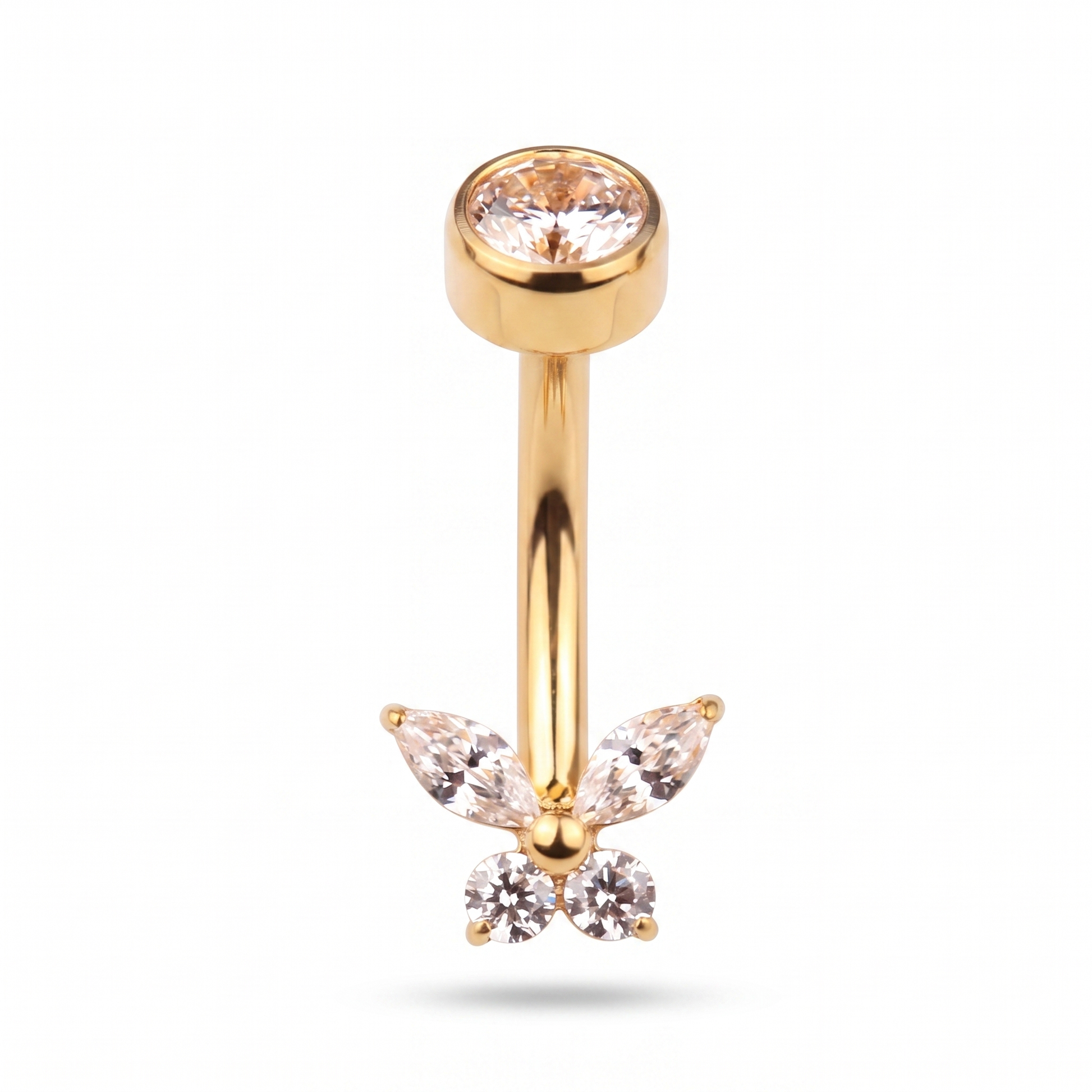 Butterfly Zircon belly button ring in gold — white background packshot, G23 titanium 14G