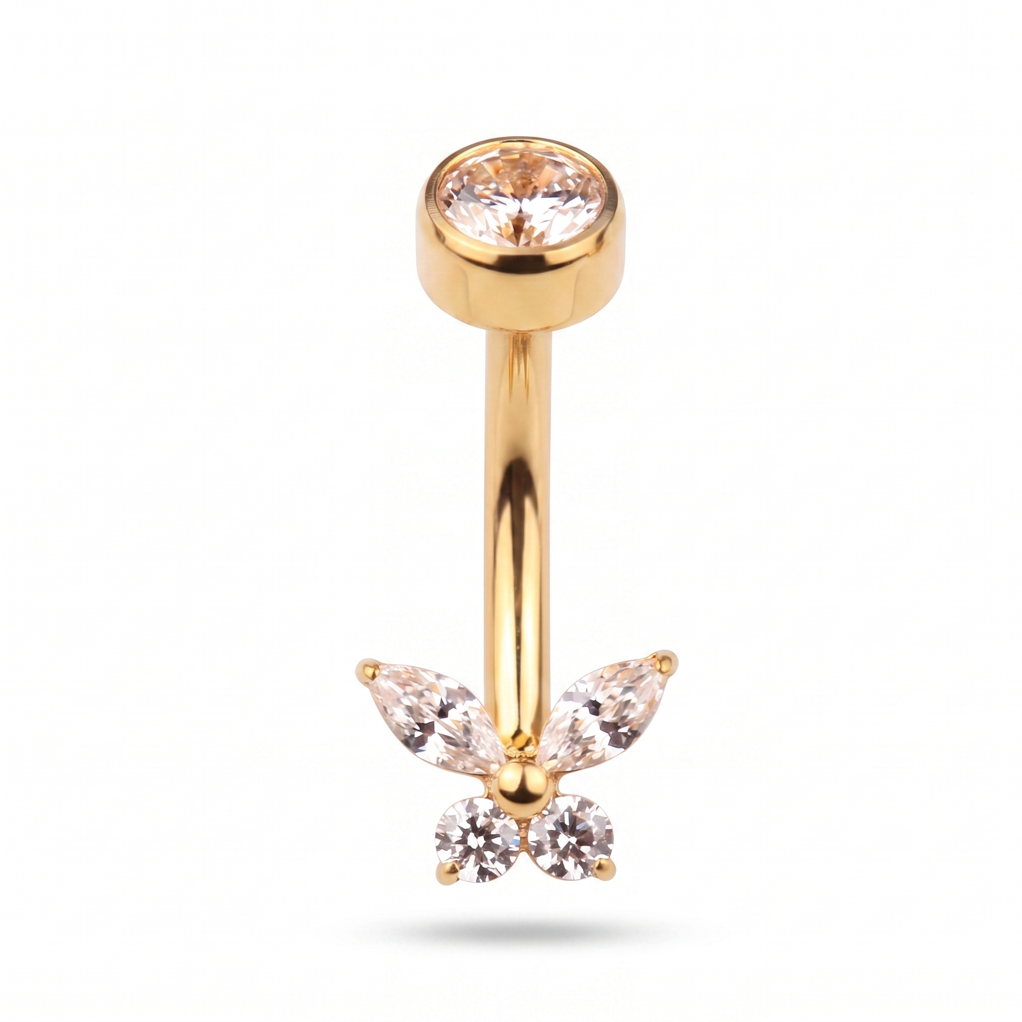 Butterfly Zircon belly button ring in gold — white background packshot, G23 titanium 14G