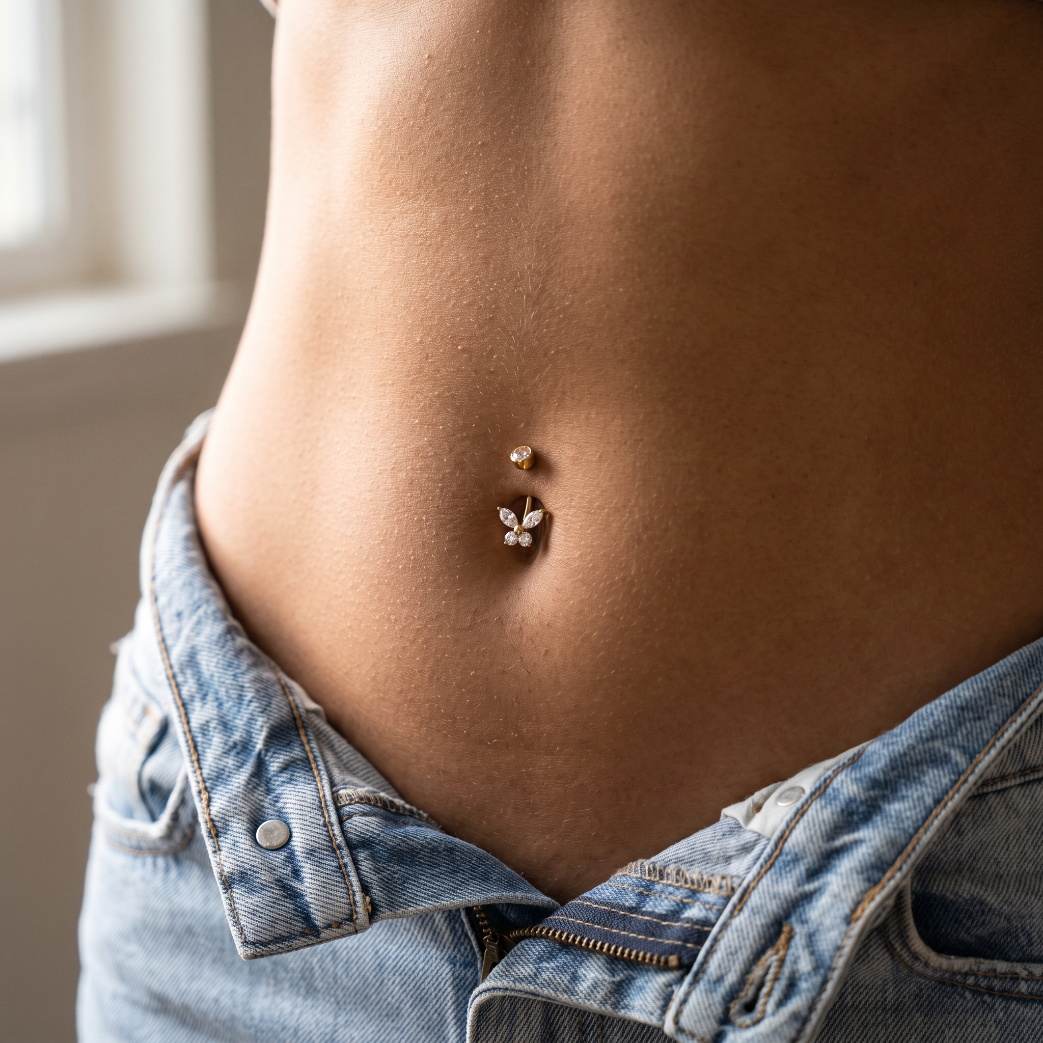 Butterfly Zircon belly button ring worn on model — implant-grade G23 titanium 14G