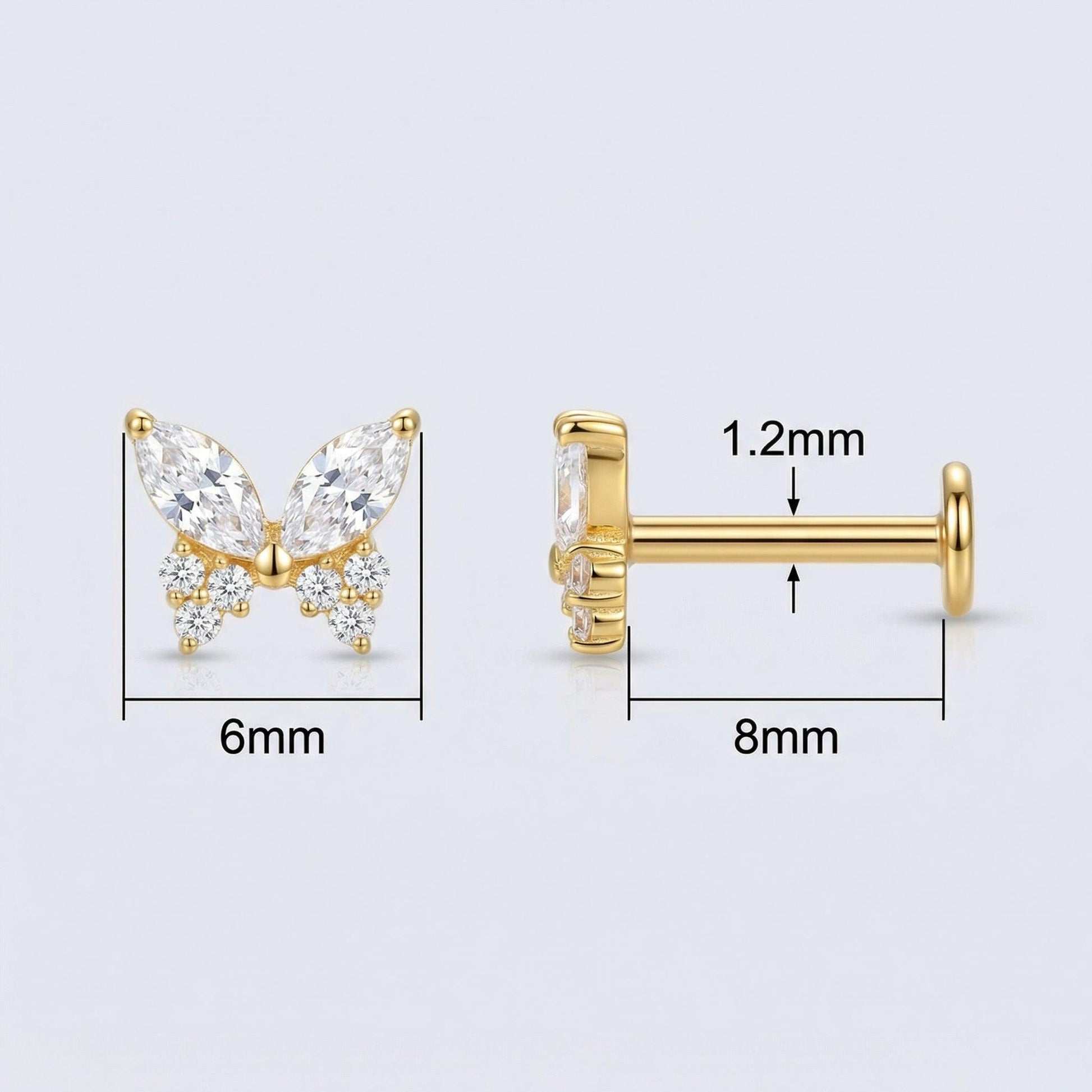 Dimensions diagram of the gold titanium butterfly piercing stud showing 8mm length