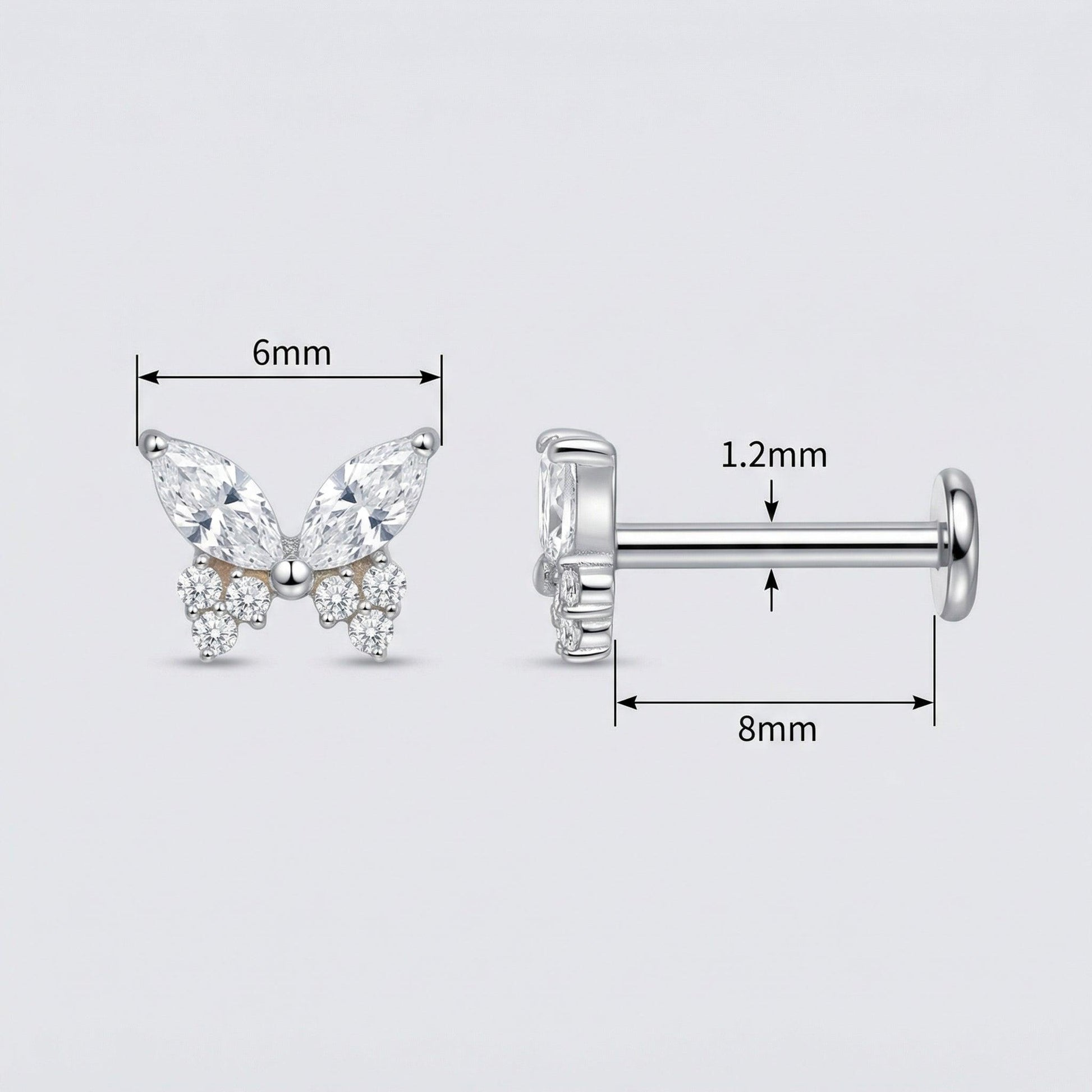 Dimensions diagram of the silver titanium butterfly piercing stud showing 8mm length