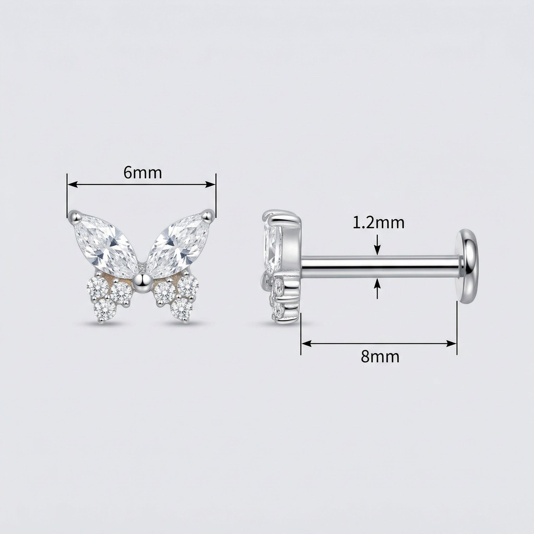 Dimensions diagram of the silver titanium butterfly piercing stud showing 8mm length