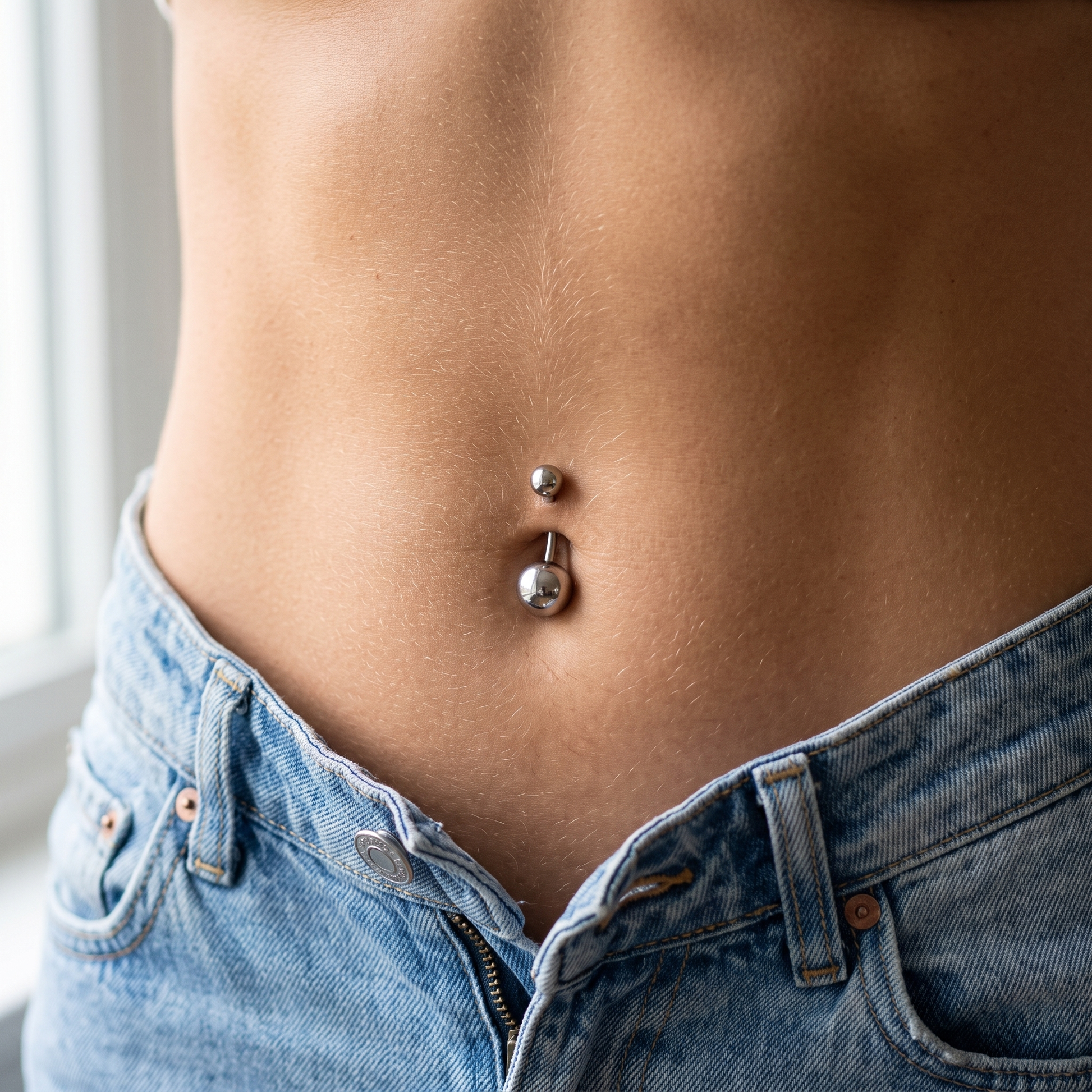 Classic Titanium belly button ring in silver 8 mm worn on model — implant-grade G23 titanium 14G