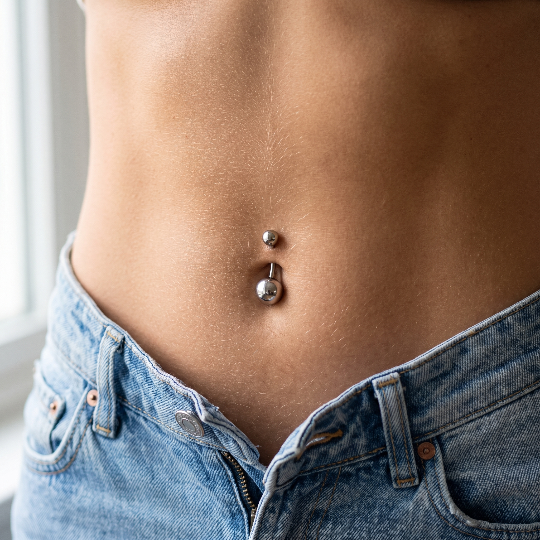 Classic Titanium belly button ring in silver 8 mm worn on model — implant-grade G23 titanium 14G