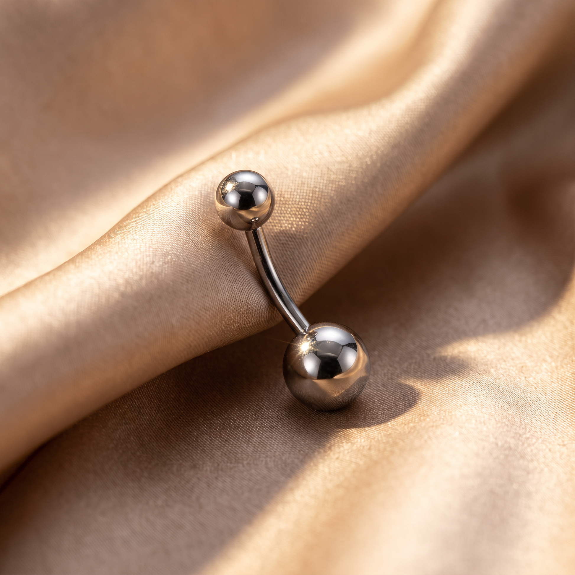Classic Titanium belly button ring in silver 8 mm on champagne satin — G23 titanium 14G