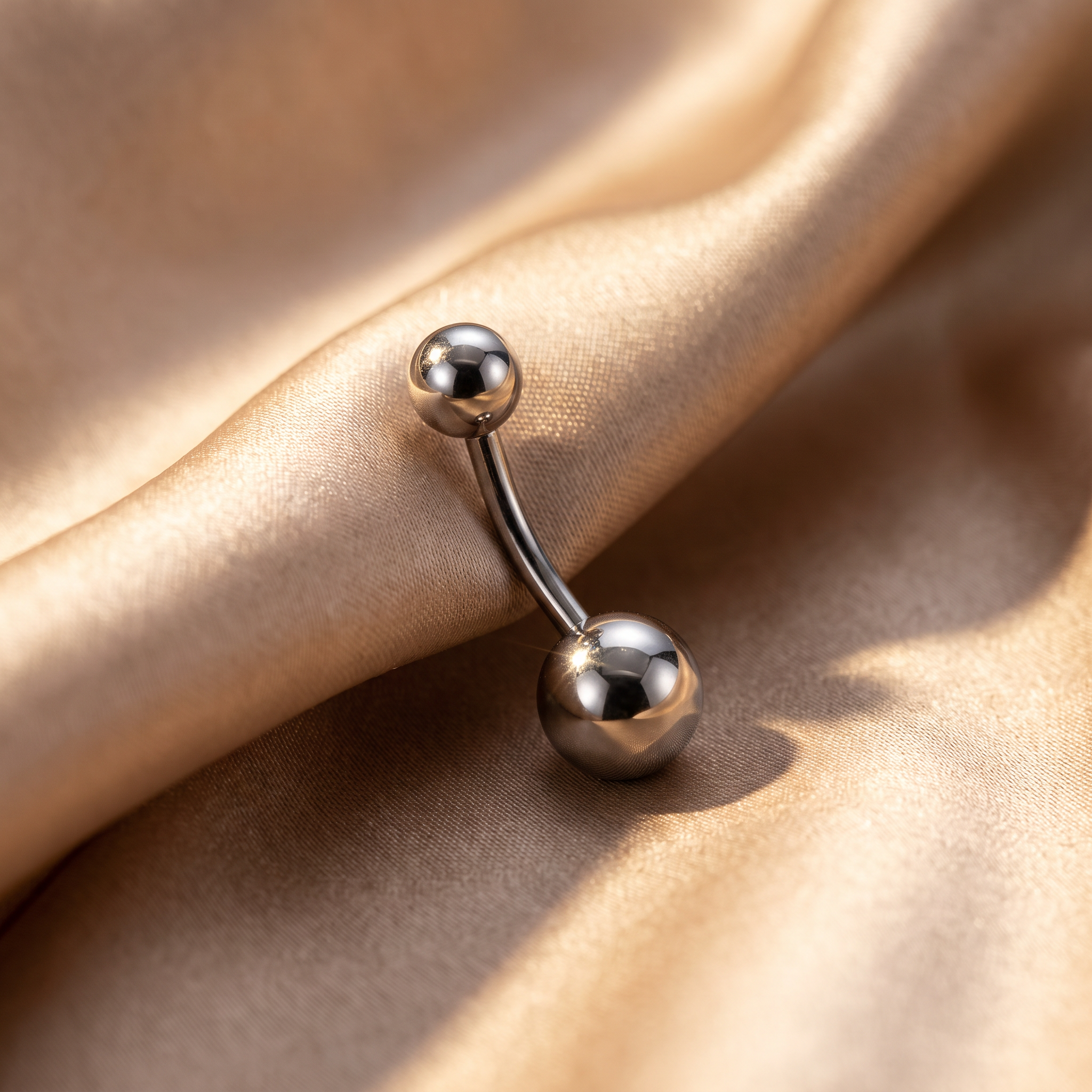 Classic Titanium belly button ring in silver 8 mm on champagne satin — G23 titanium 14G