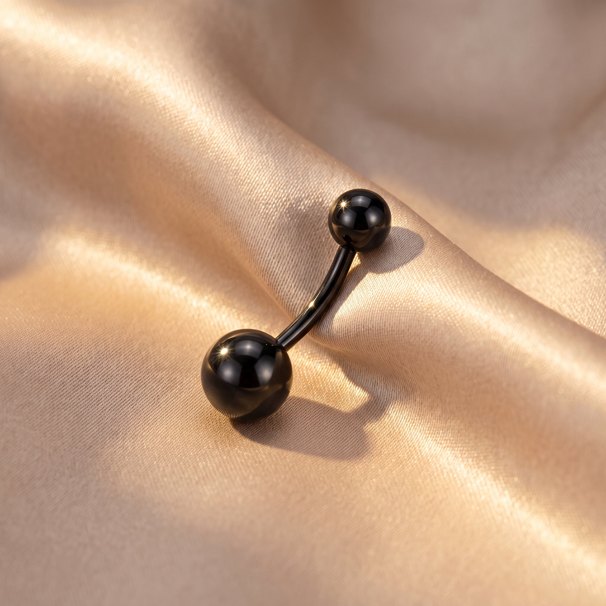 Classic Titanium belly button ring in black 10 mm on champagne satin — G23 titanium 14G