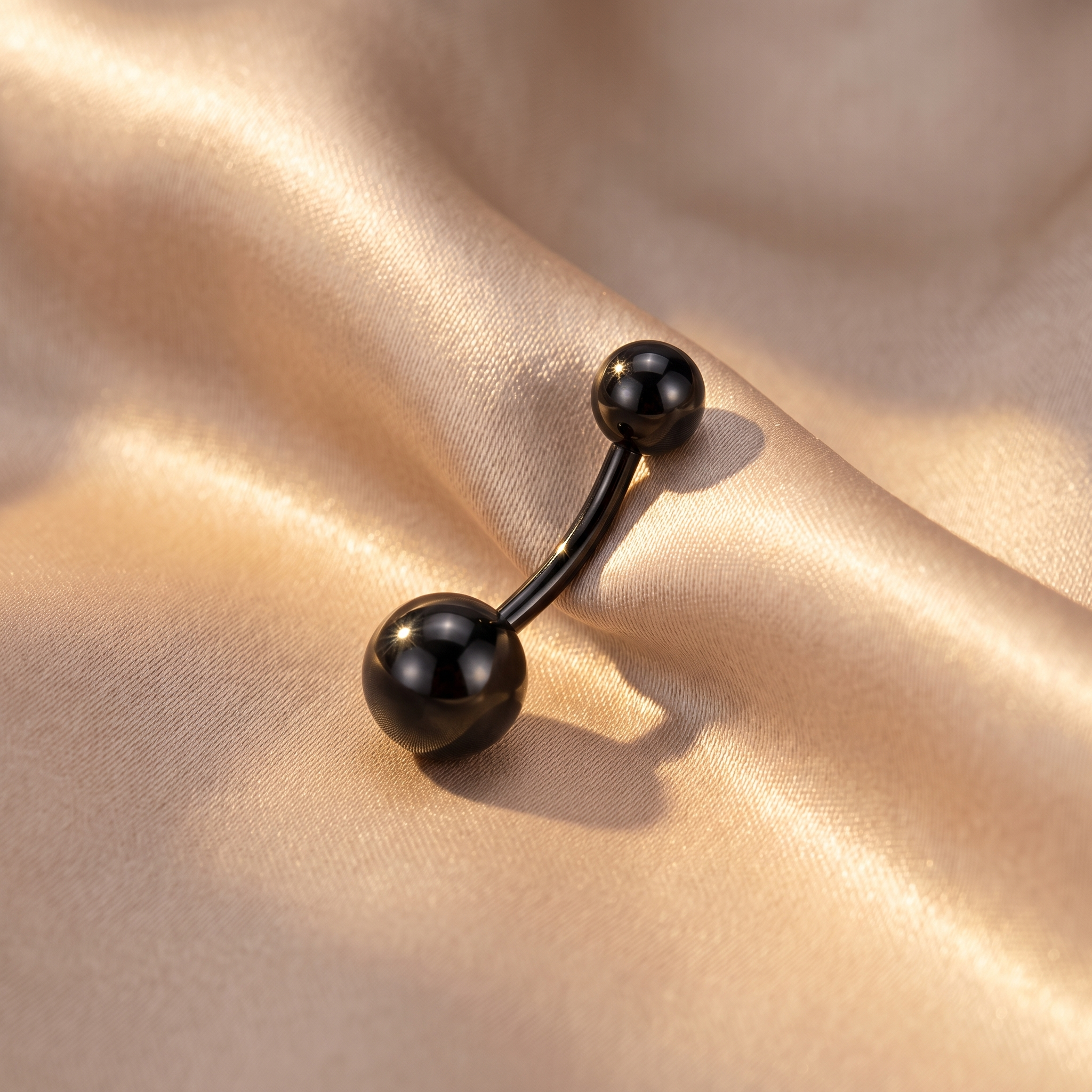 Classic Titanium belly button ring in black 10 mm on champagne satin — G23 titanium 14G