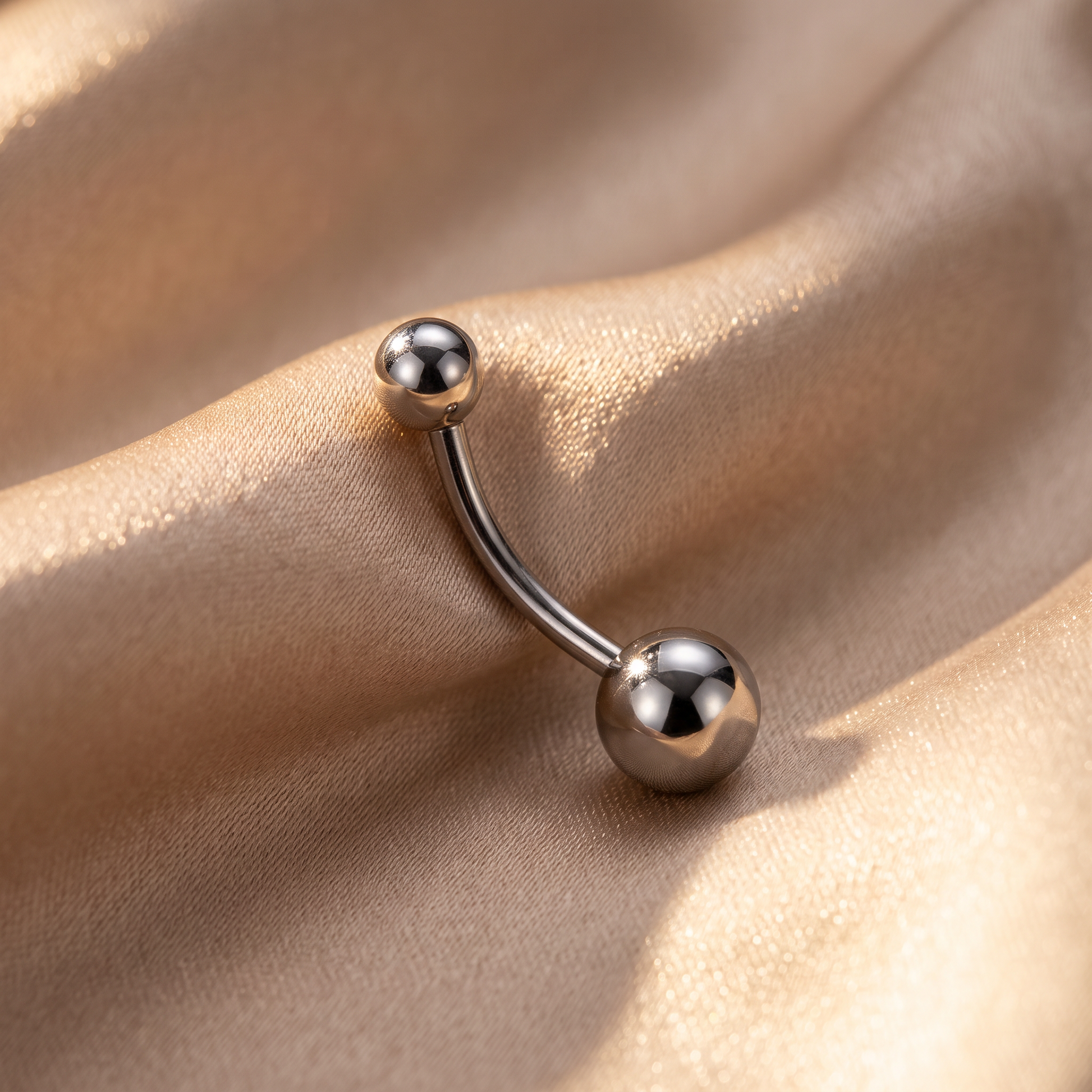 Classic Titanium belly button ring in silver 14 mm on champagne satin — G23 titanium 14G
