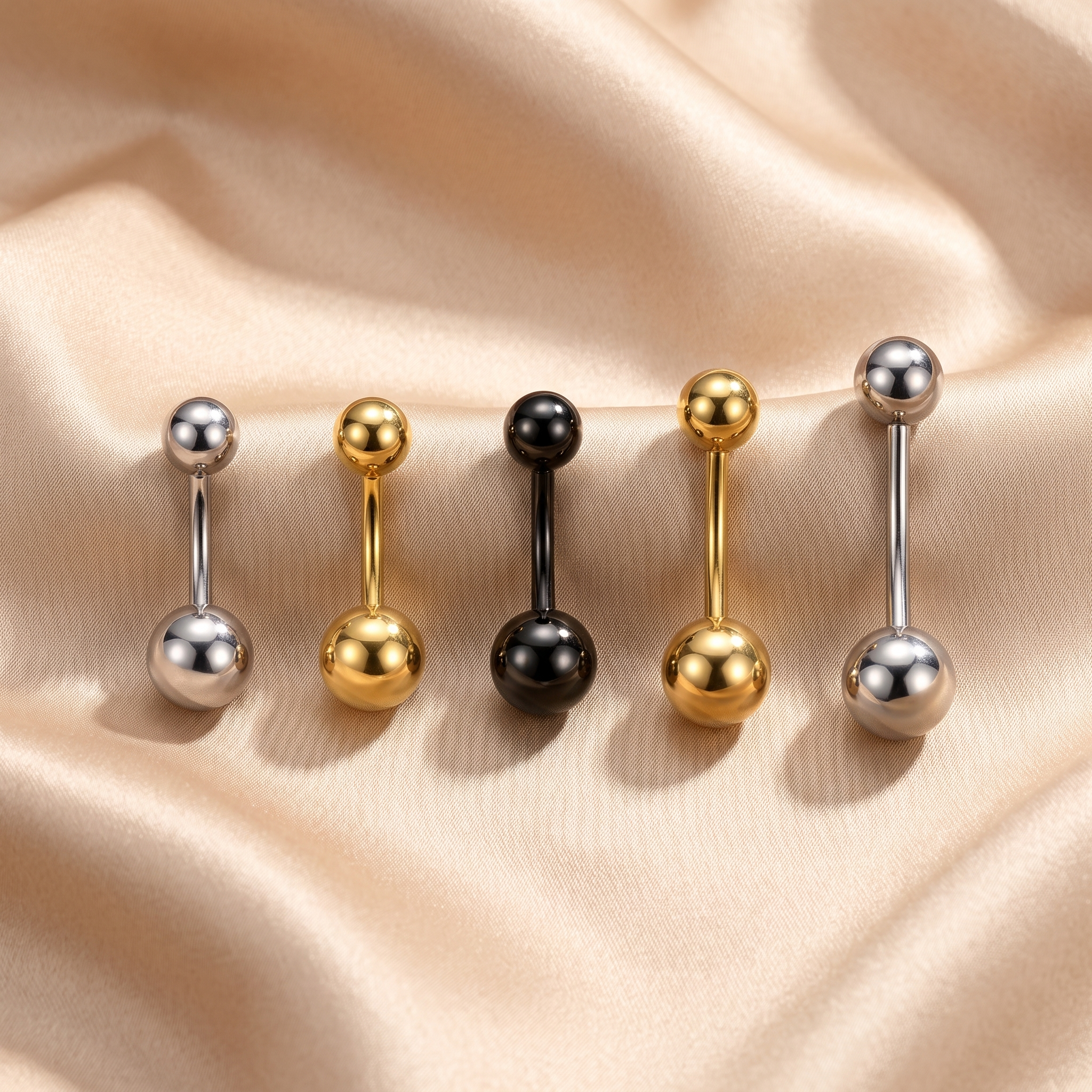 All color options of the Classic Titanium belly button ring on satin — G23 titanium 14G