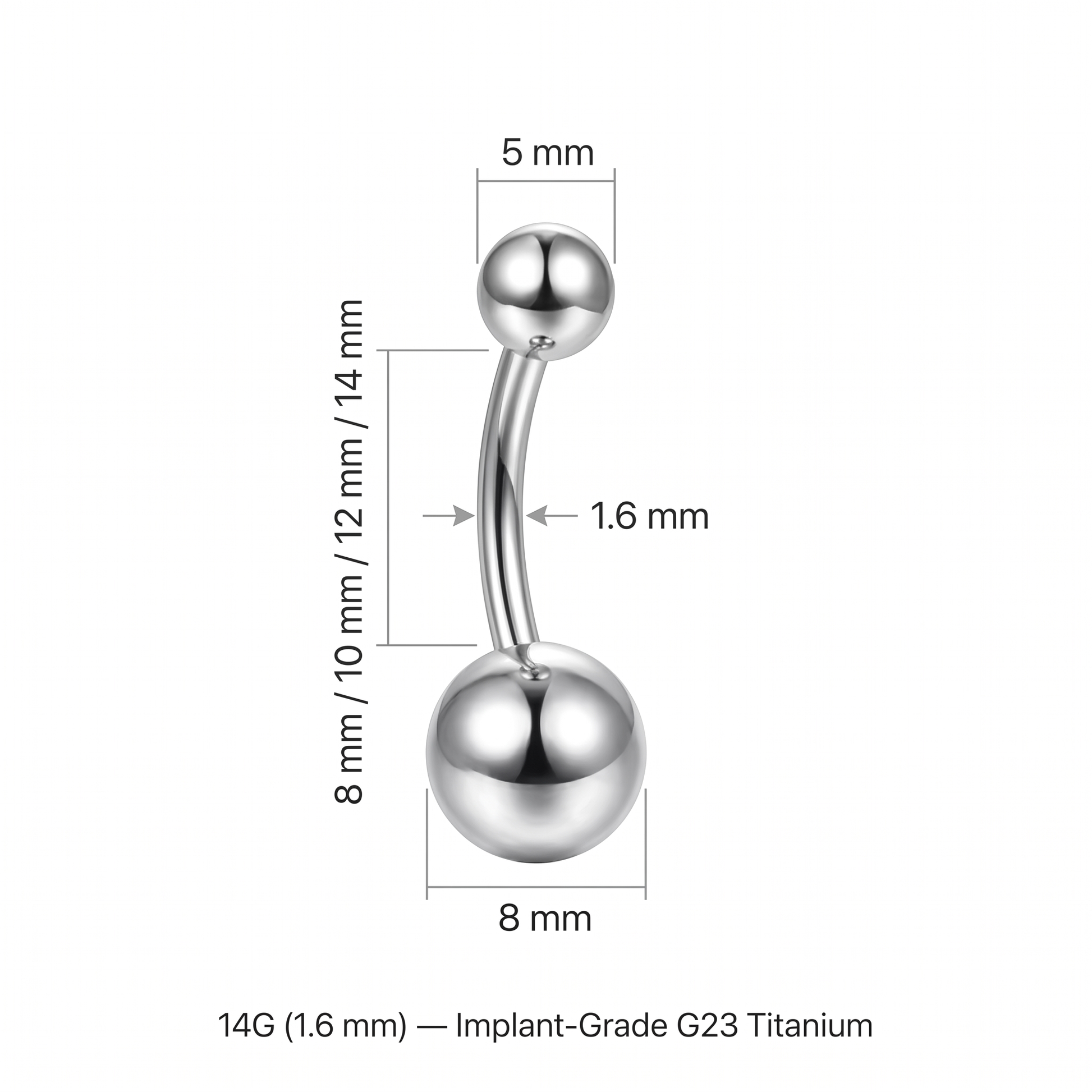 Classic Titanium belly button ring size chart — 14G 1.6 mm implant-grade titanium