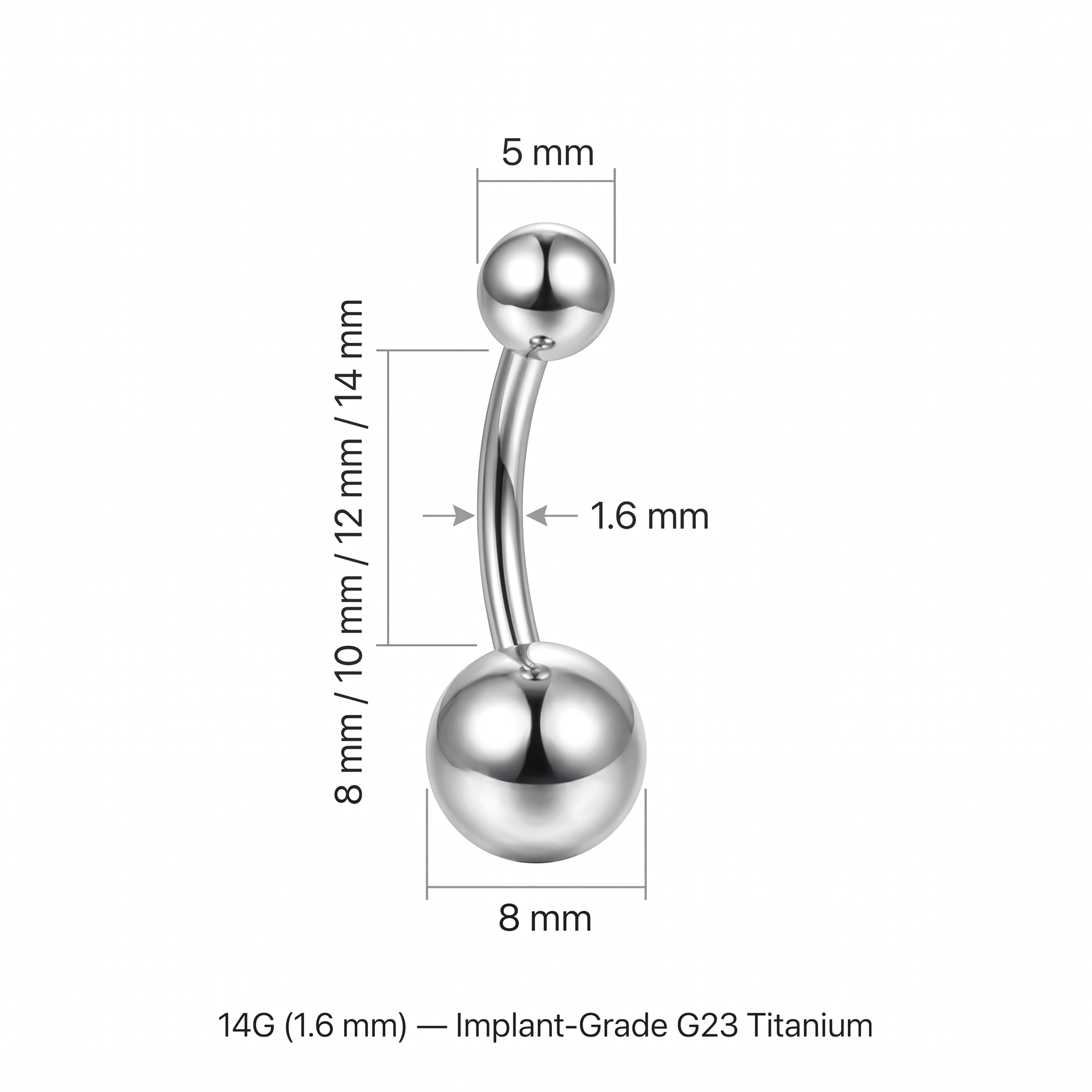Classic Titanium belly button ring size chart — 14G 1.6 mm implant-grade titanium