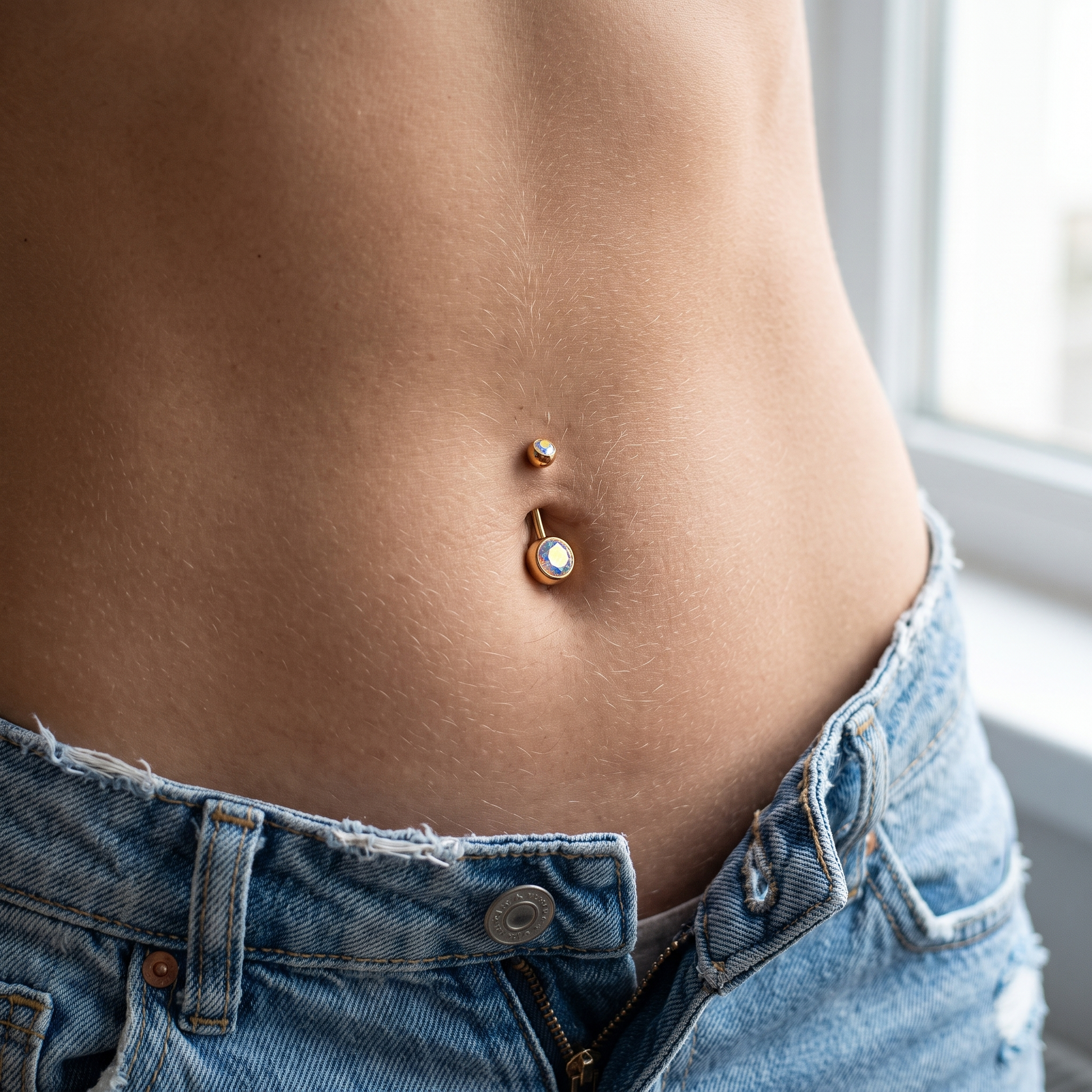 Color Gem colored belly button ring in gold aurora worn on model — implant-grade G23 titanium 14G