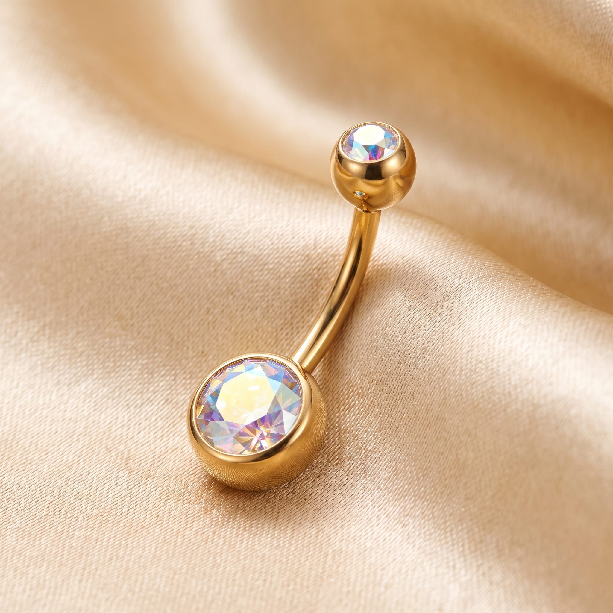 Color Gem colored belly button ring in gold aurora on champagne satin — G23 titanium 14G