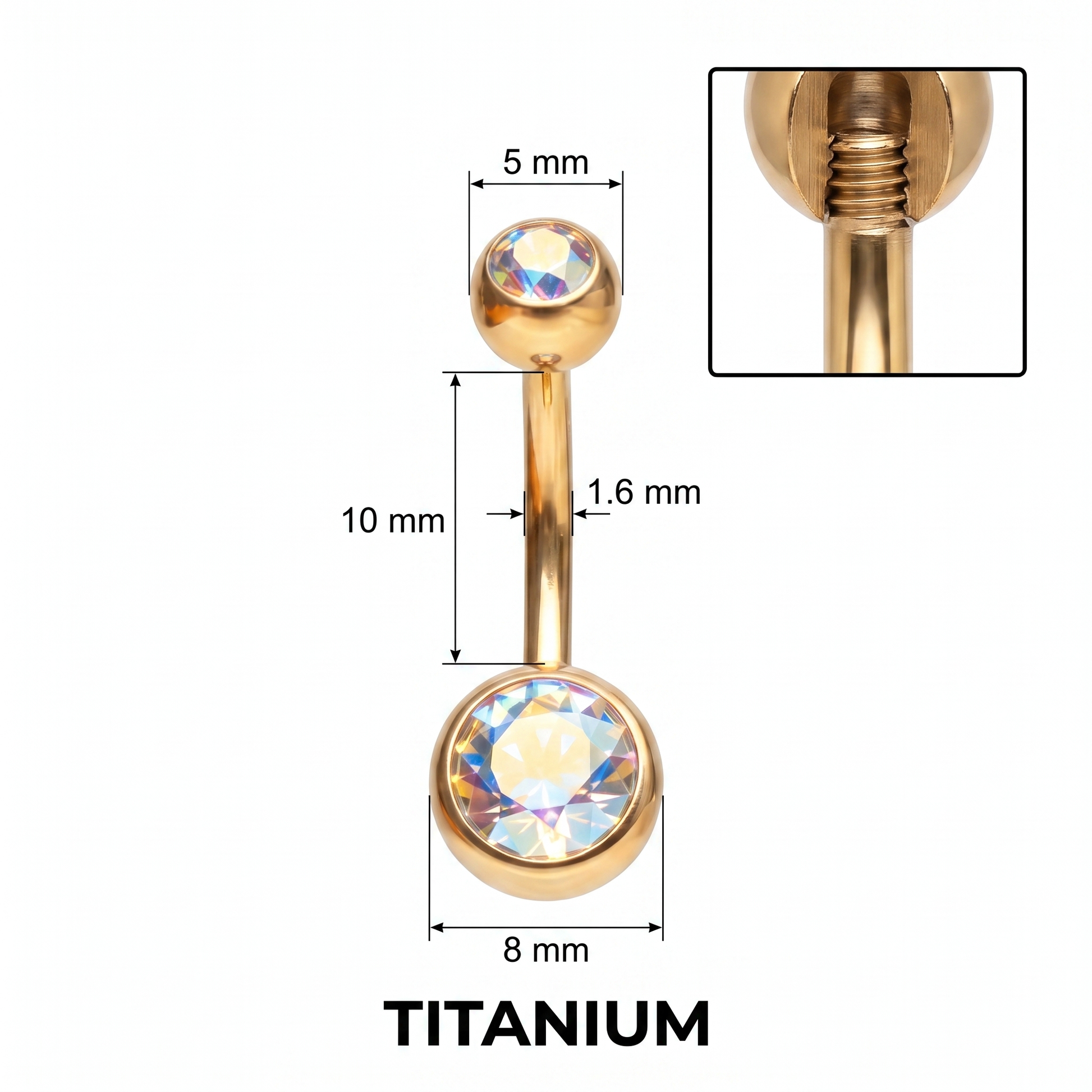 Color Gem colored belly button ring size chart — gold aurora, 14G 1.6 mm titanium